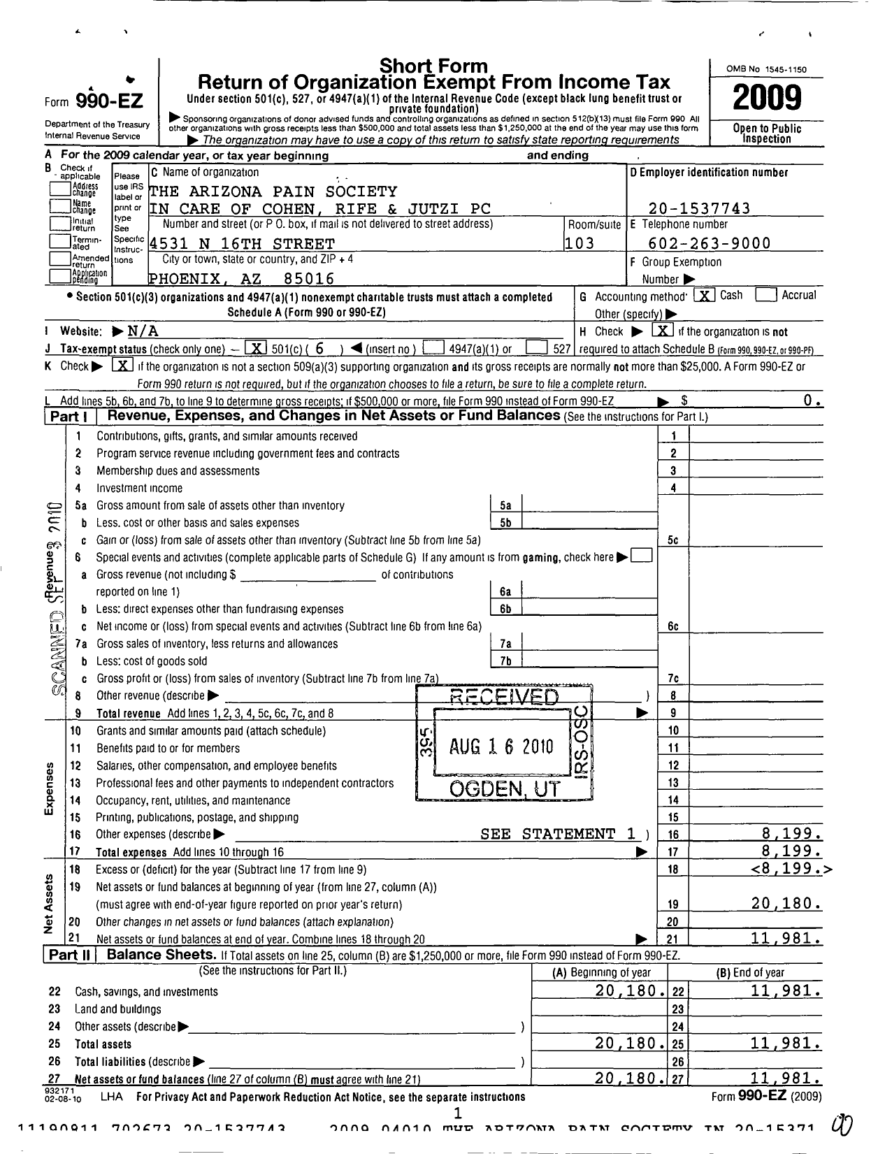 Image of first page of 2009 Form 990EO for Arizona Pain Society