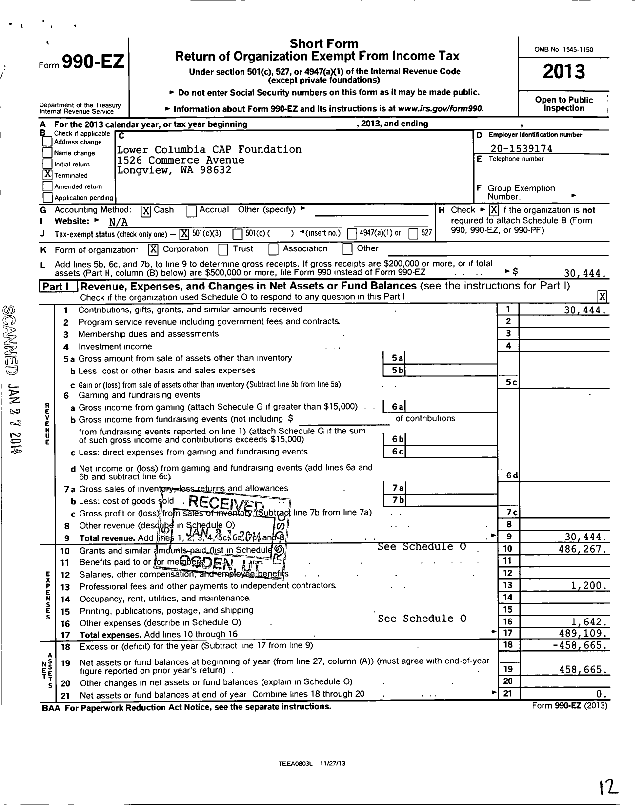 Image of first page of 2013 Form 990EZ for Lower Columbia Cap Foundation