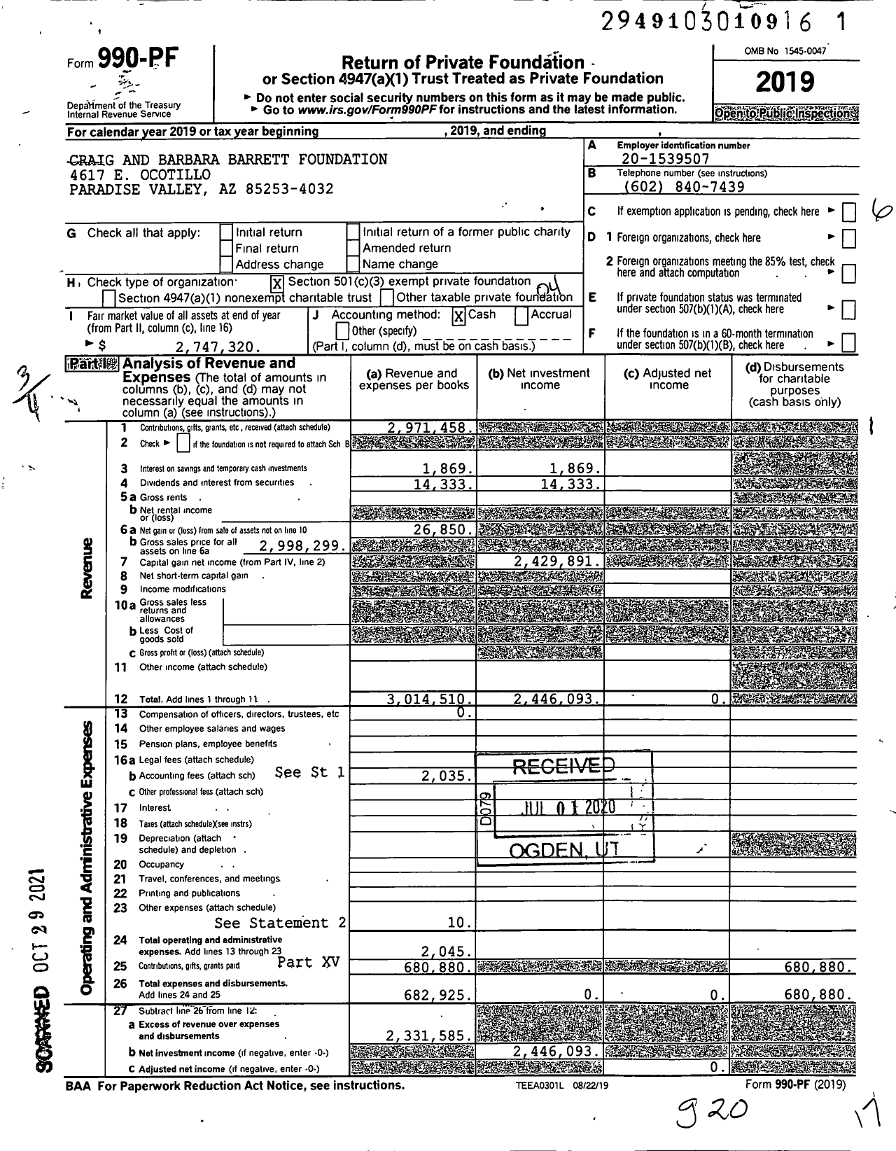 Image of first page of 2019 Form 990PF for Craig and Barbara Barrett Foundation
