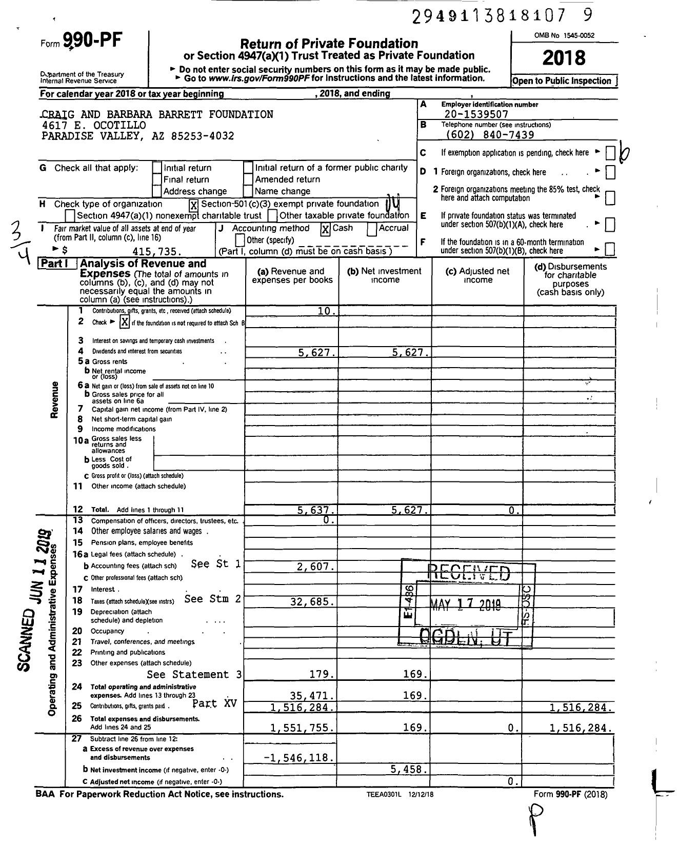 Image of first page of 2018 Form 990PF for Craig and Barbara Barrett Foundation