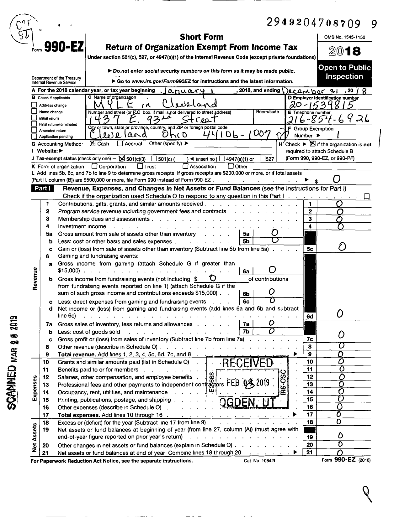 Image of first page of 2018 Form 990EZ for Myle in Cleveland