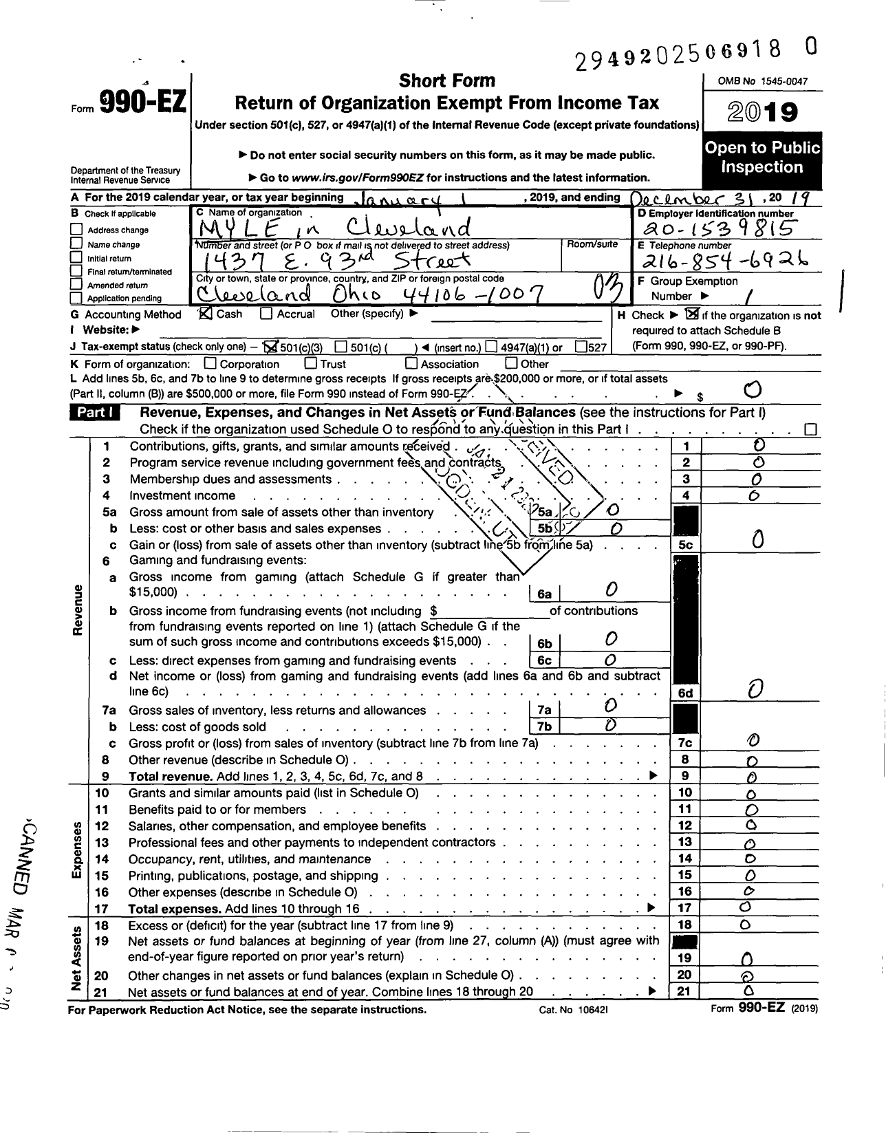 Image of first page of 2019 Form 990EZ for Myle in Cleveland