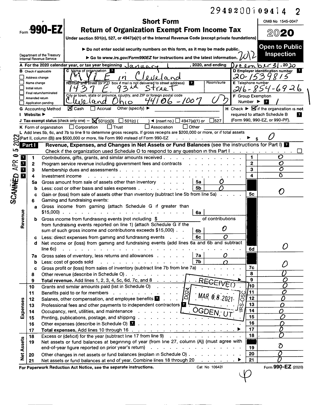 Image of first page of 2020 Form 990EZ for Myle in Cleveland