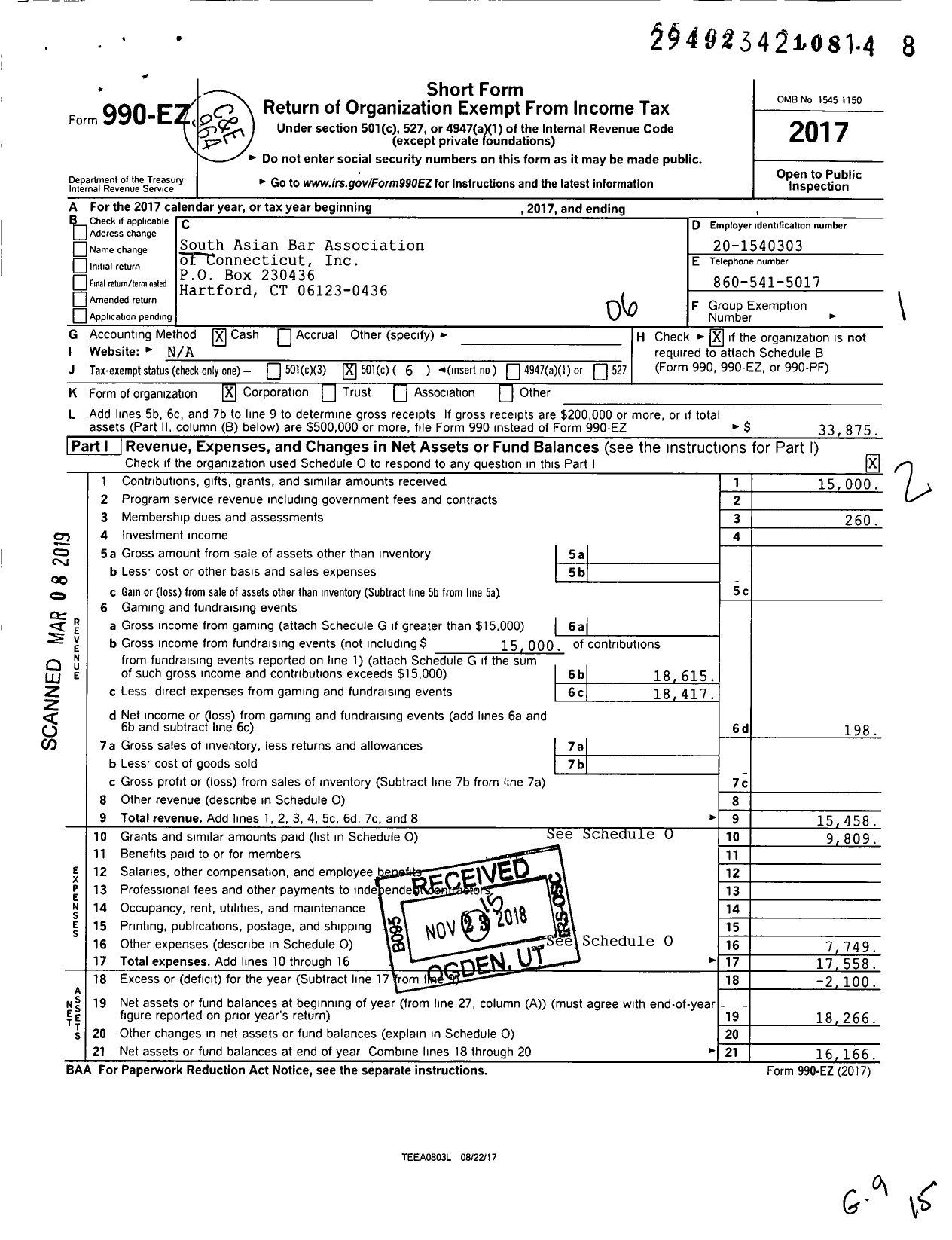 Image of first page of 2017 Form 990EO for South Asian Bar Association of Connecticut