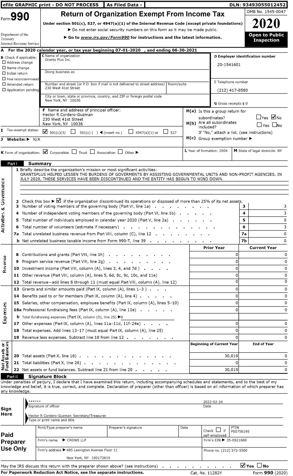 Image of first page of 2020 Form 990 for Grants Plus