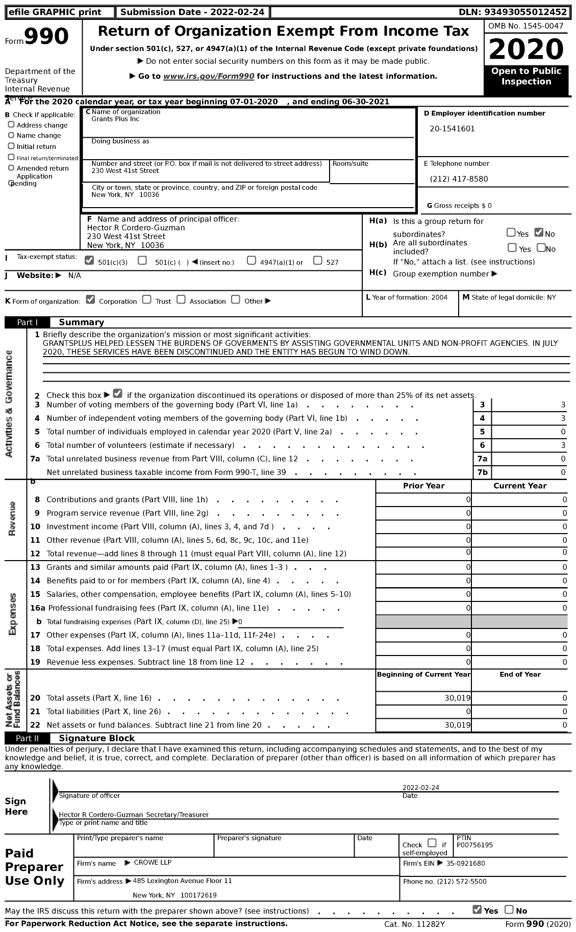 Image of first page of 2020 Form 990 for Grants Plus