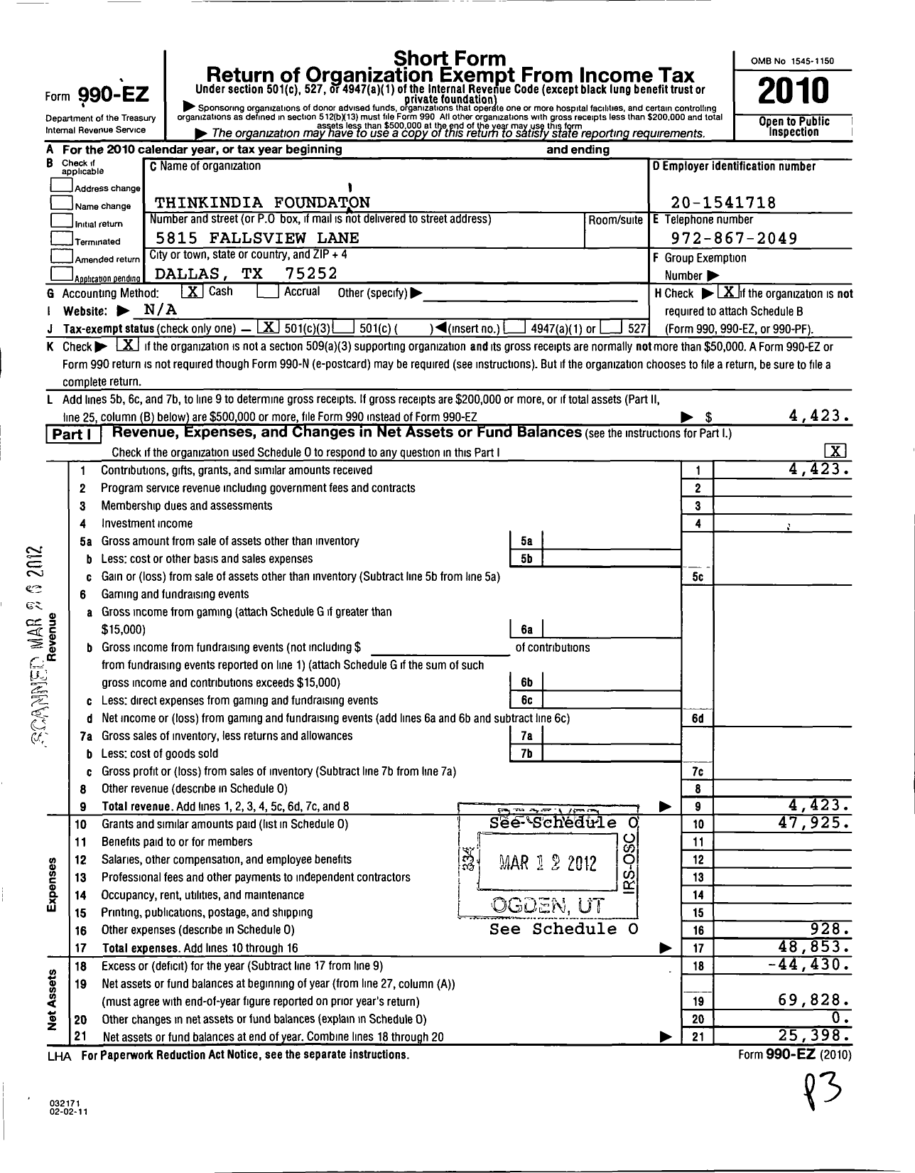 Image of first page of 2010 Form 990EZ for Thinkindia Foundation