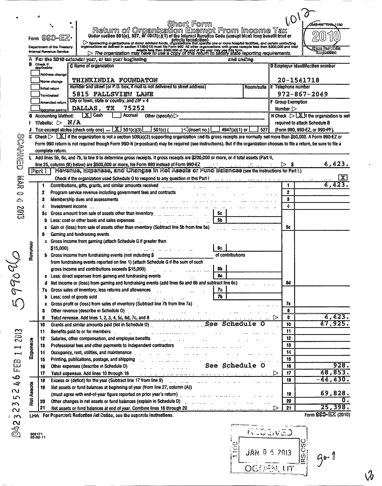 Image of first page of 2010 Form 990EZ for Thinkindia Foundation