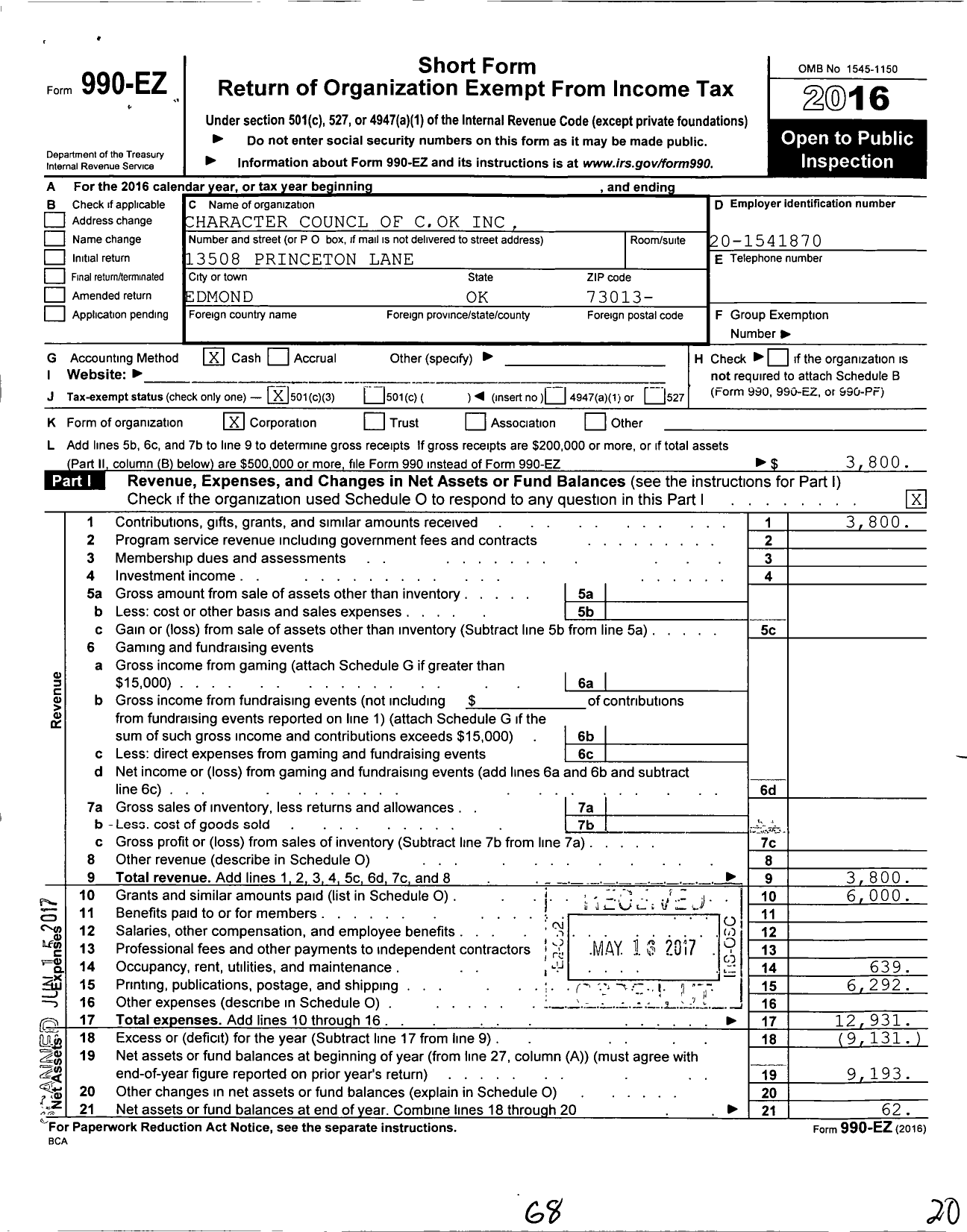 Image of first page of 2016 Form 990EZ for Character Council of Central Oklahoma