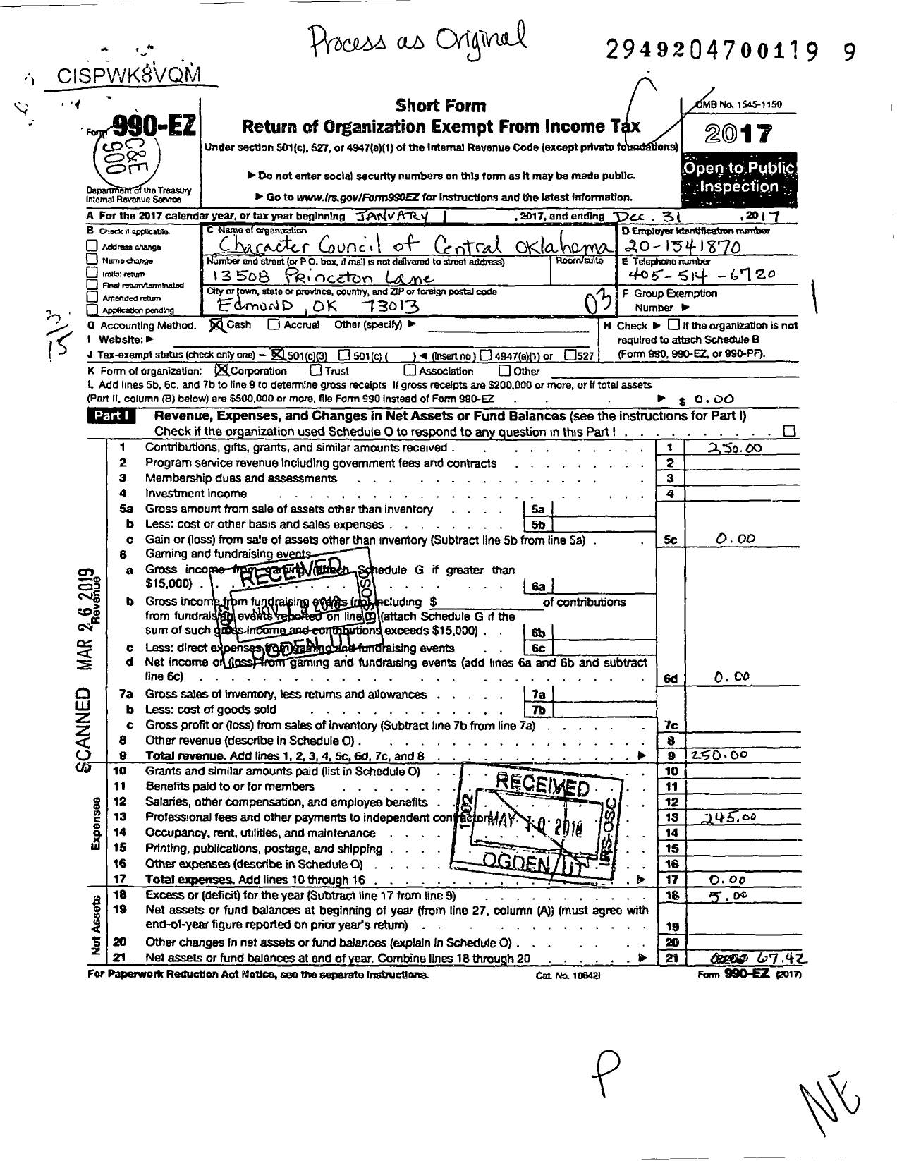 Image of first page of 2017 Form 990EZ for Character Council of Central Oklahoma