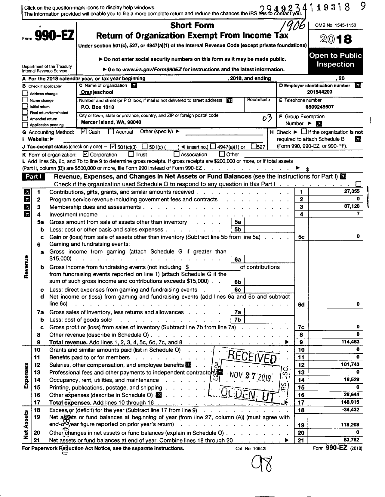 Image of first page of 2018 Form 990EZ for Oranjeschool