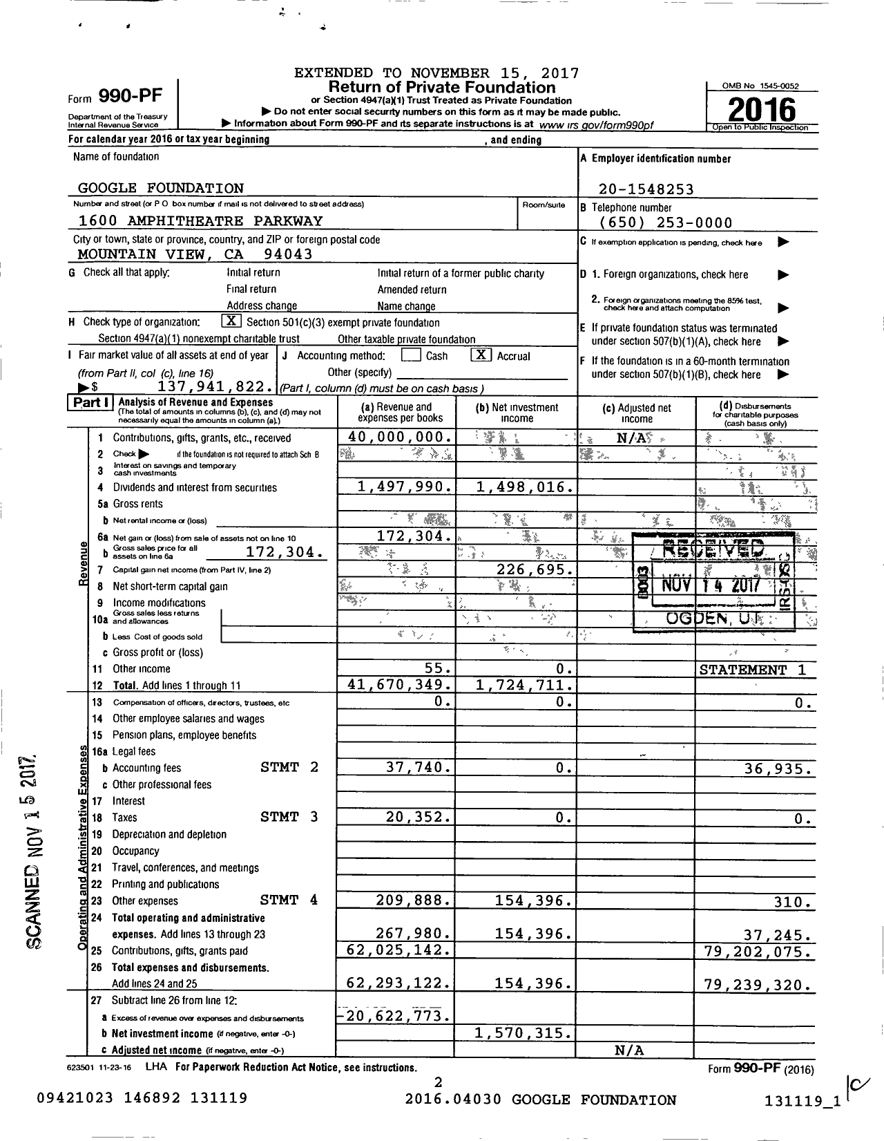 Image of first page of 2016 Form 990PF for Google Foundation
