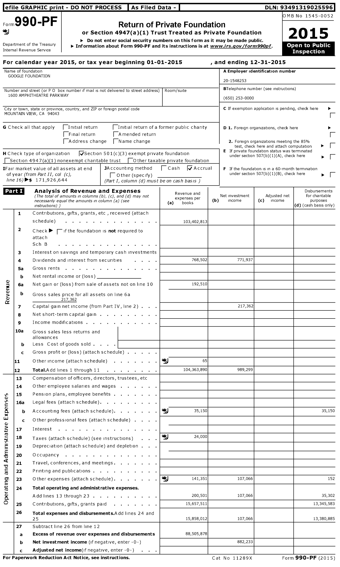 Image of first page of 2015 Form 990PF for Google Foundation