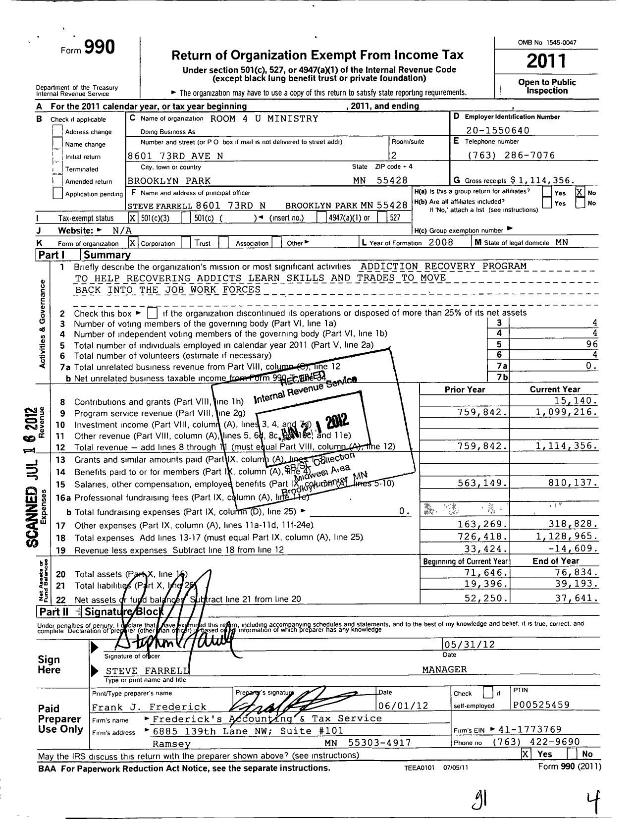 Image of first page of 2011 Form 990 for Room 4 U Ministries Incorporated