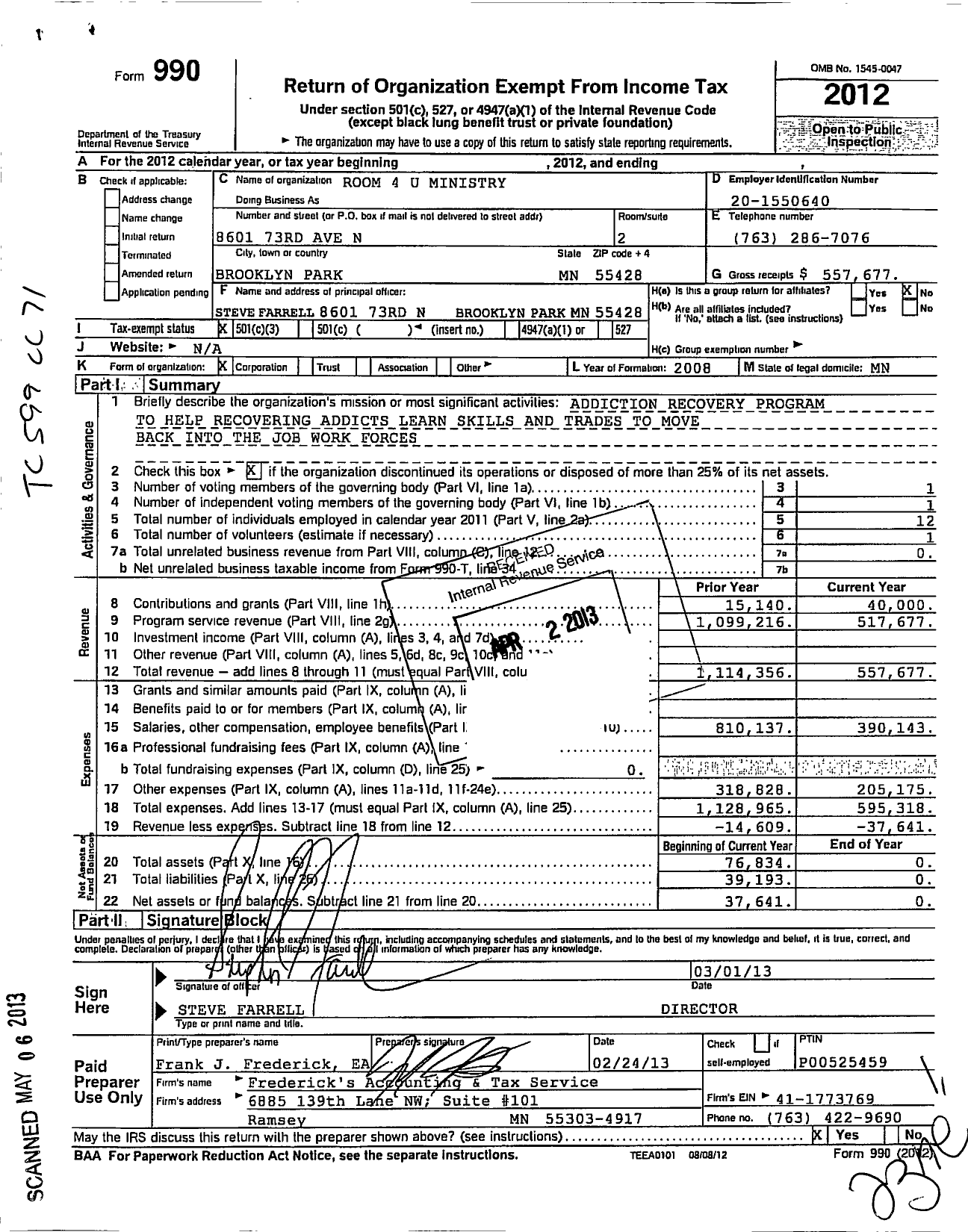 Image of first page of 2012 Form 990 for Room 4 U Ministries Incorporated