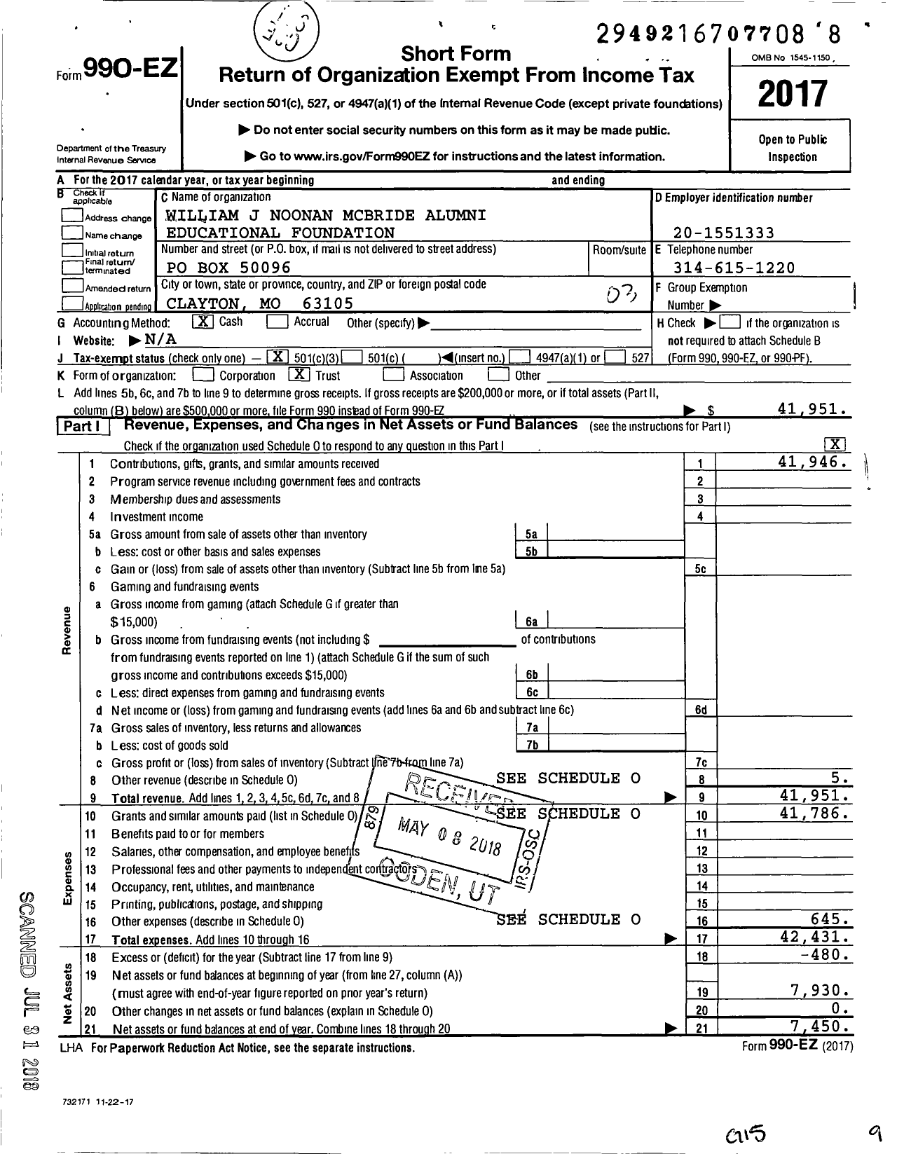 Image of first page of 2017 Form 990EZ for William J Noonan Mcbride Alumni Educational Foundation