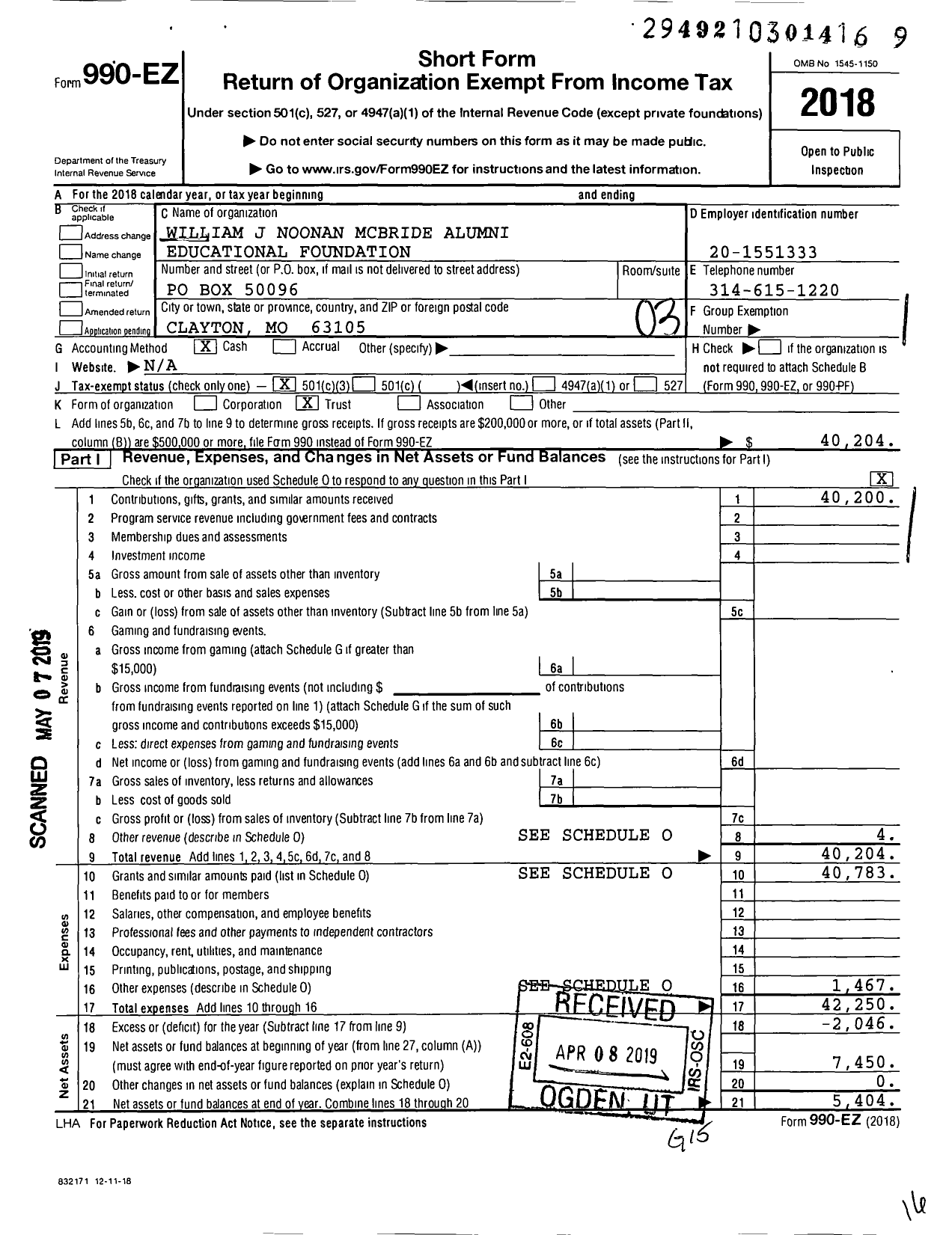 Image of first page of 2018 Form 990EZ for William J Noonan Mcbride Alumni Educational Foundation