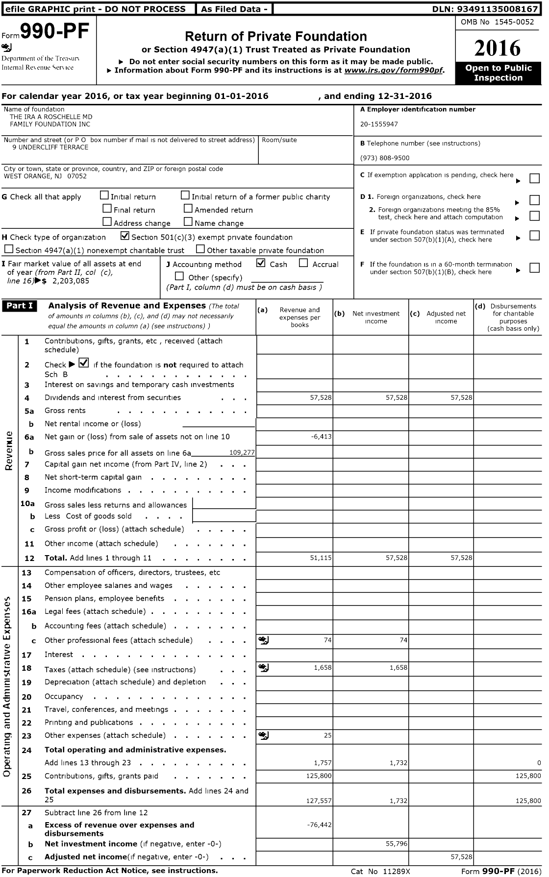 Image of first page of 2016 Form 990PF for Ira A Roschelle MD Family Foundation