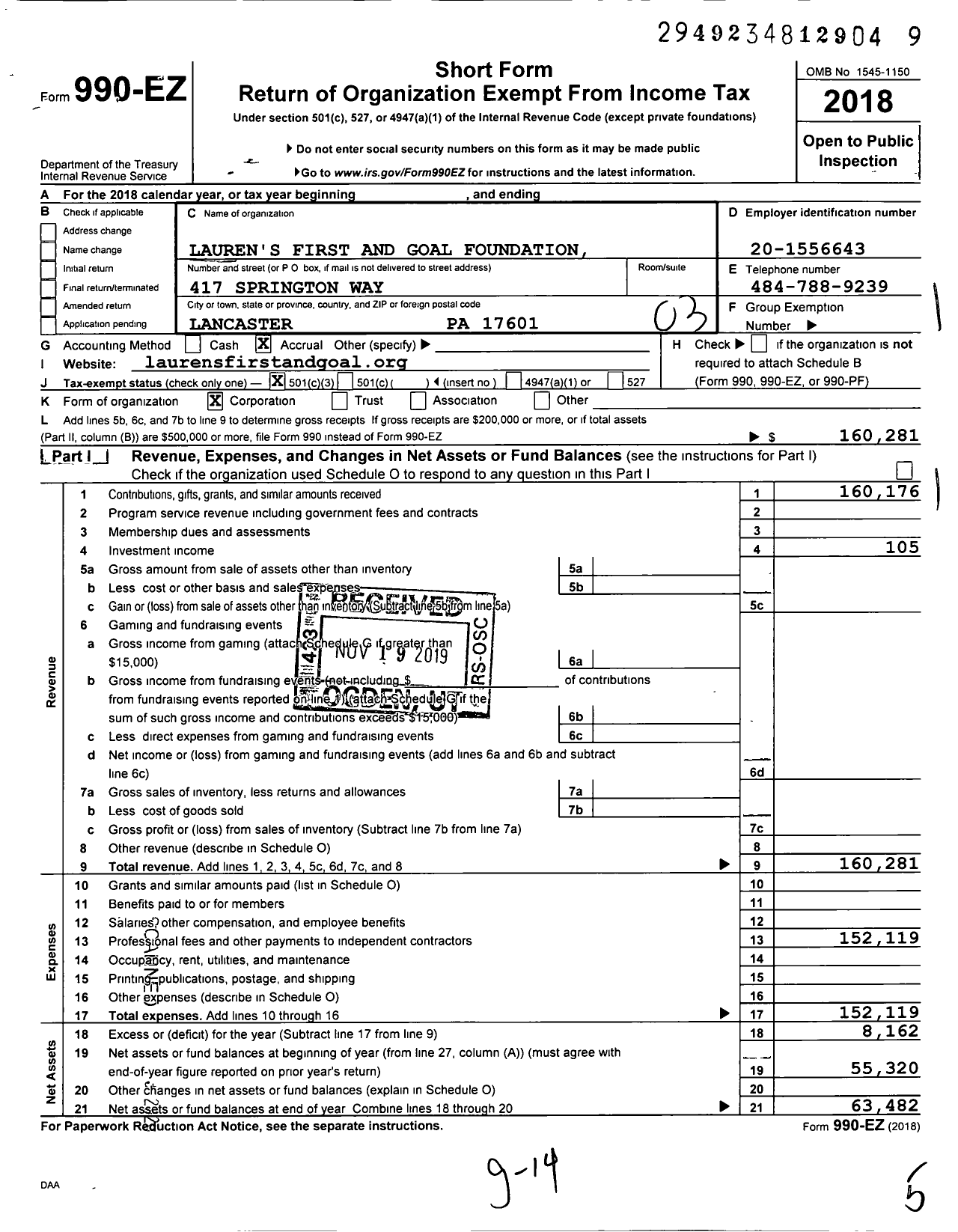 Image of first page of 2018 Form 990EZ for Lauren's First and Goal Foundation