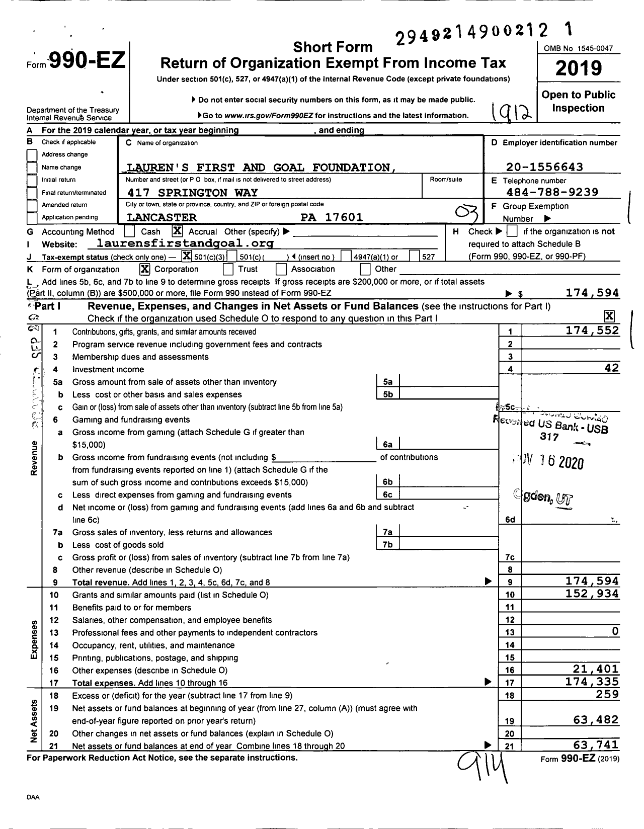 Image of first page of 2019 Form 990EZ for Lauren's First and Goal Foundation