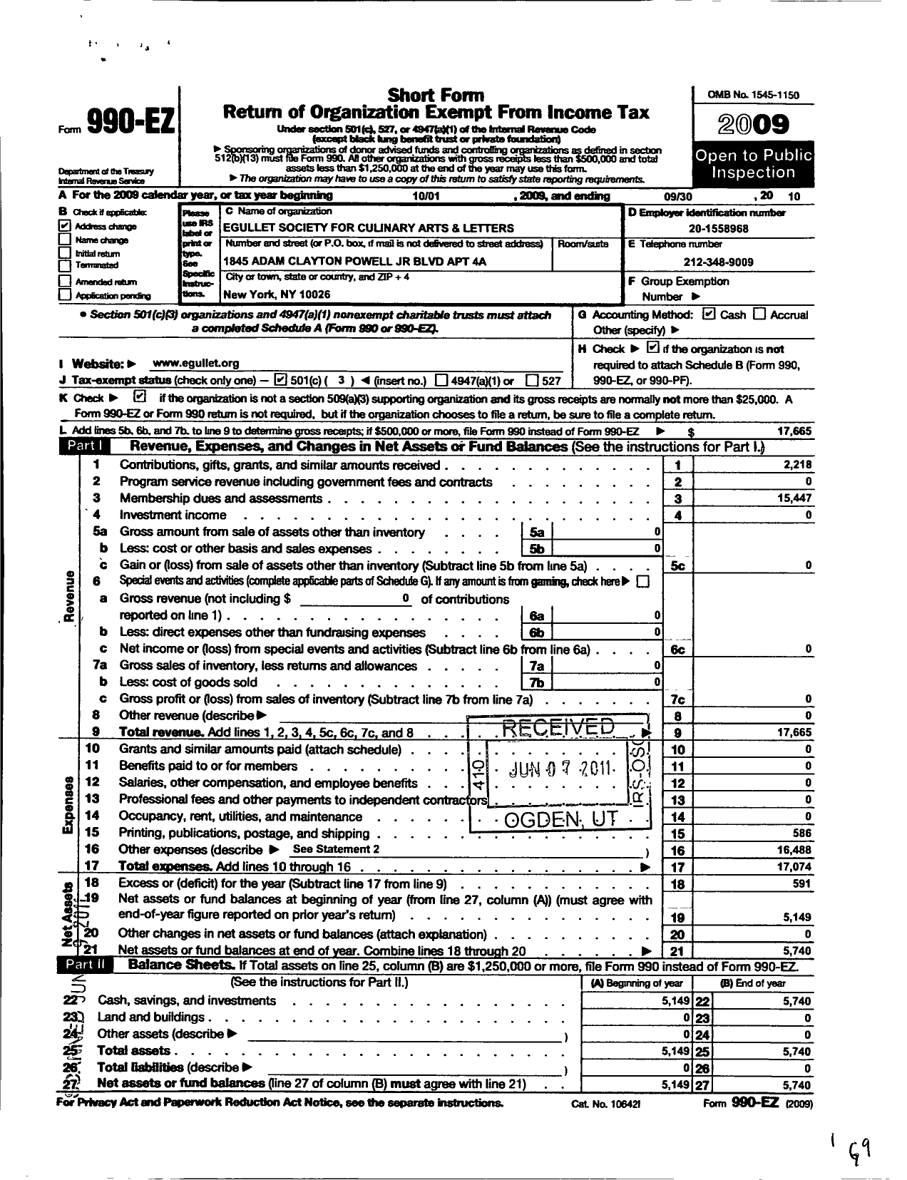 Image of first page of 2009 Form 990EZ for Egullet Society for Culinary Arts and Letters