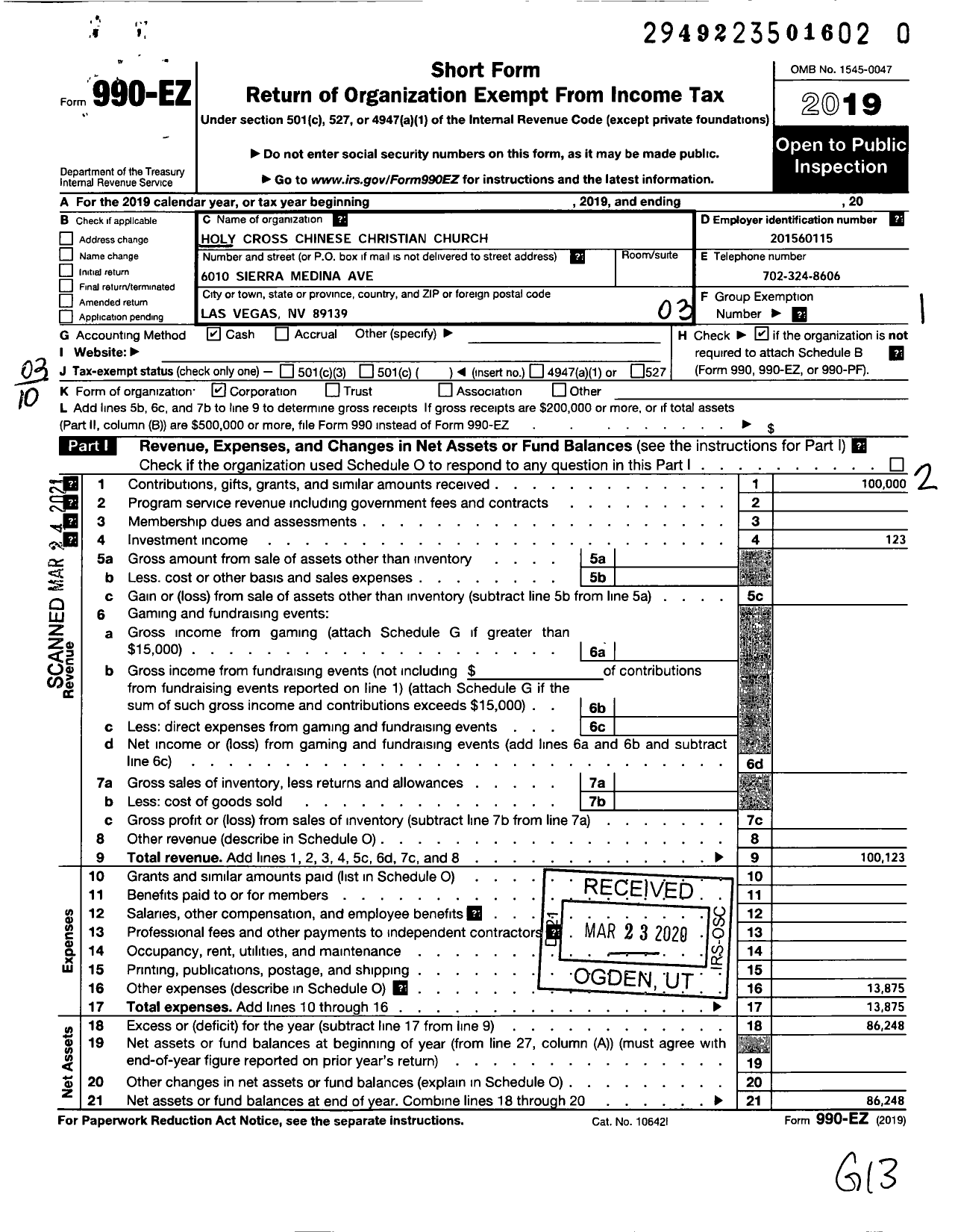 Image of first page of 2019 Form 990EZ for Holy Cross Chinese Christian Church