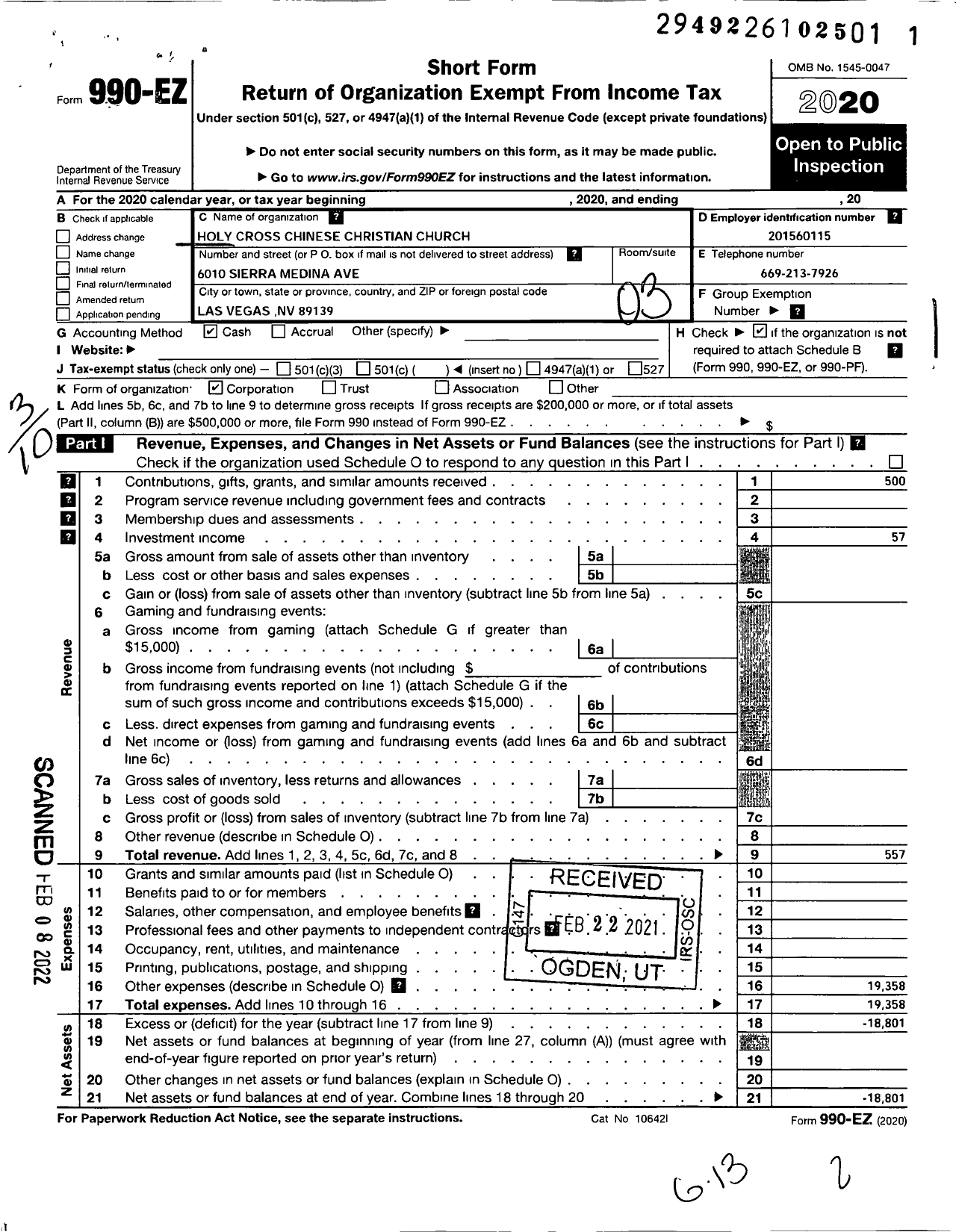 Image of first page of 2020 Form 990EZ for Holy Cross Chinese Christian Church