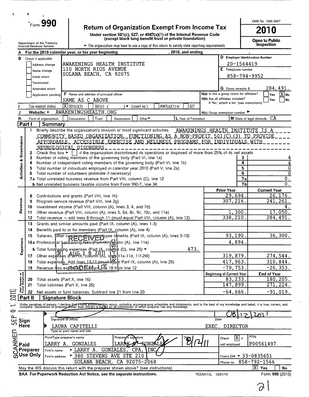 Image of first page of 2010 Form 990 for Awakenings Health Institute