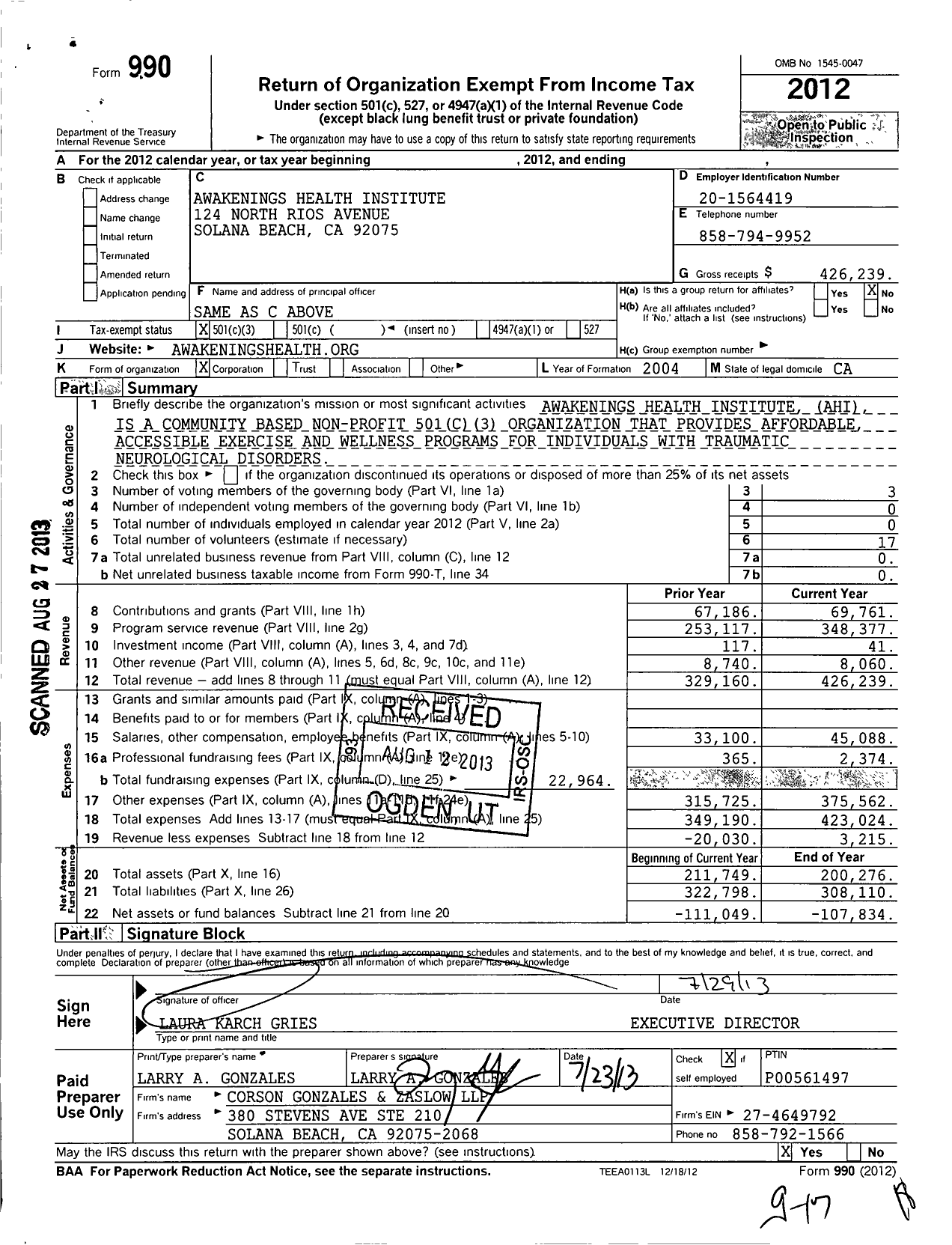 Image of first page of 2012 Form 990 for Awakenings Health Institute