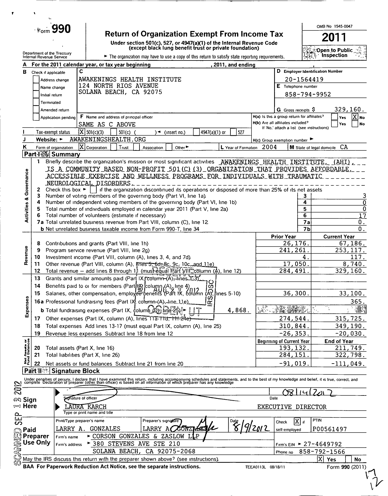 Image of first page of 2011 Form 990 for Awakenings Health Institute