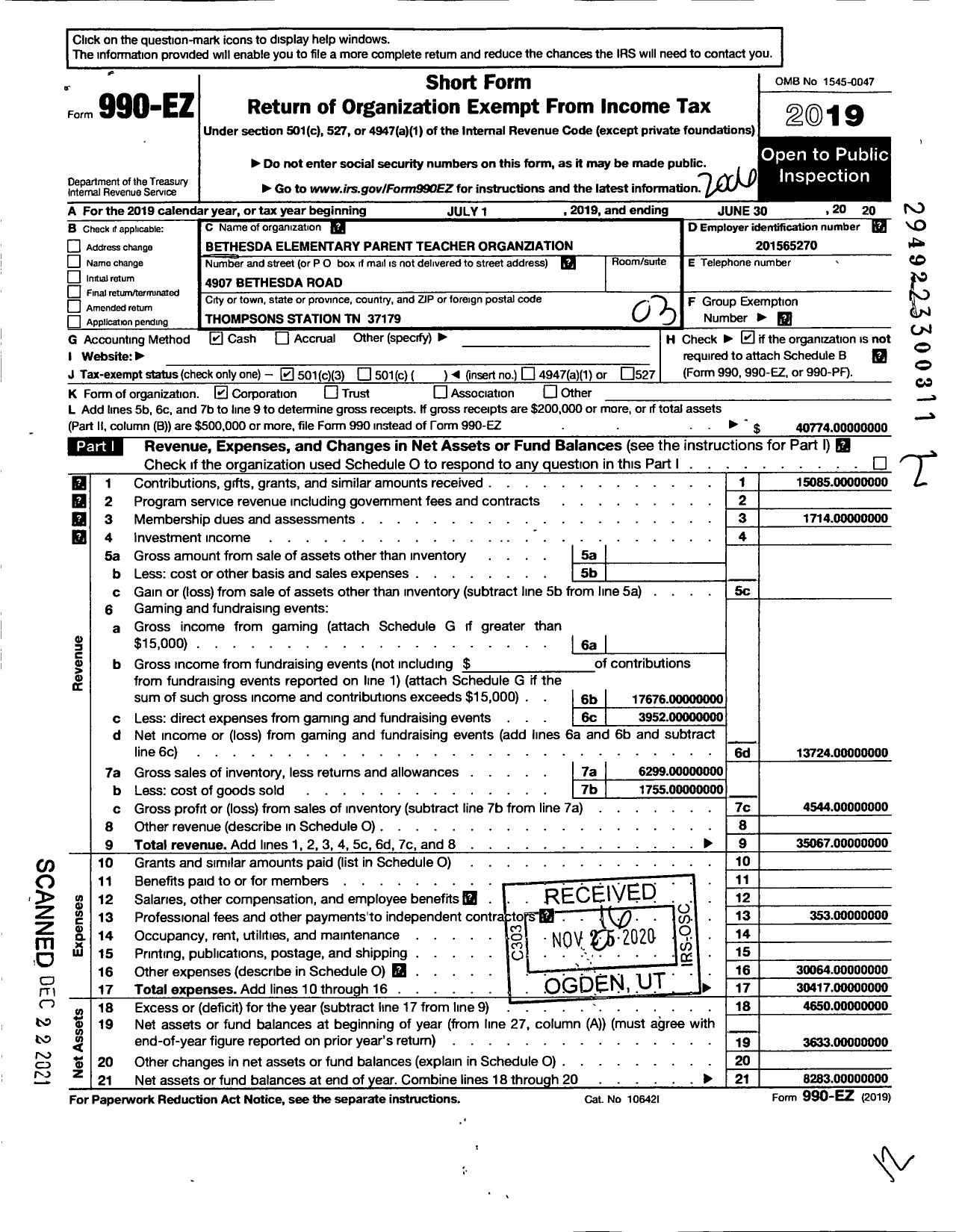 Image of first page of 2019 Form 990EZ for Pto Bethesda Elementary