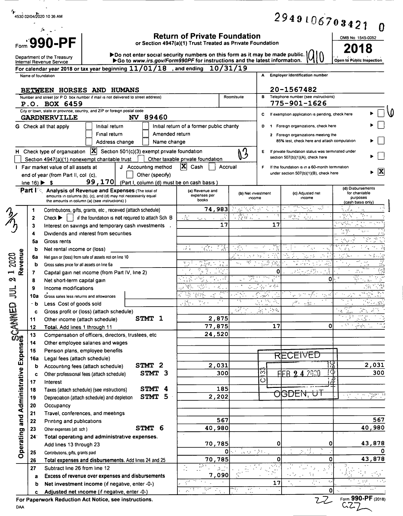 Image of first page of 2018 Form 990PR for Between Horses and Humans