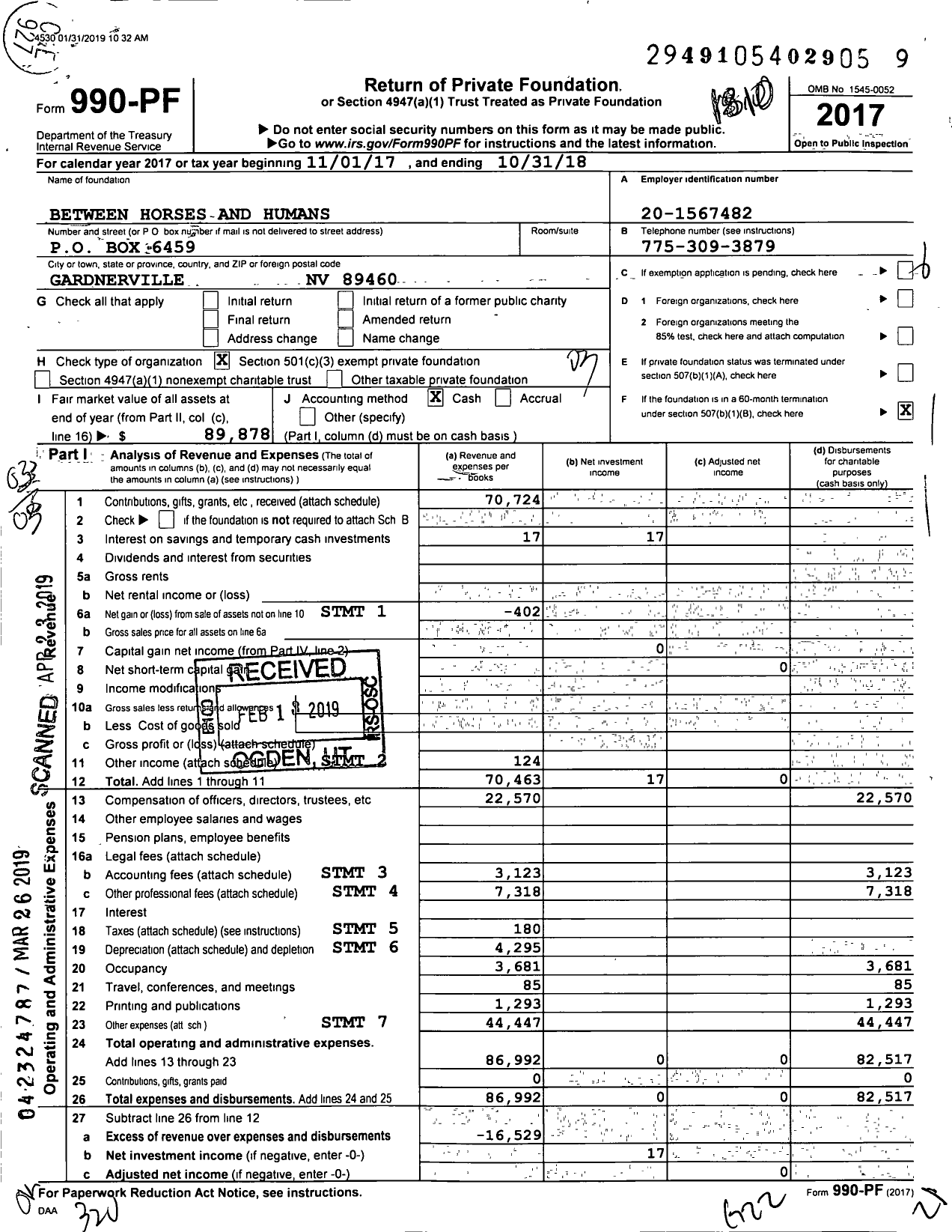 Image of first page of 2017 Form 990PF for Between Horses and Humans