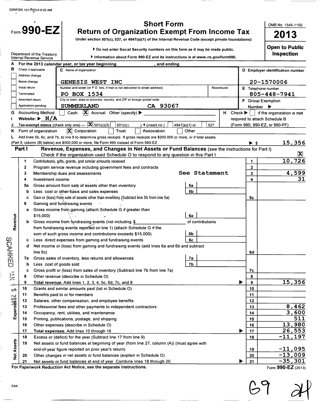 Image of first page of 2013 Form 990EZ for Genesis West