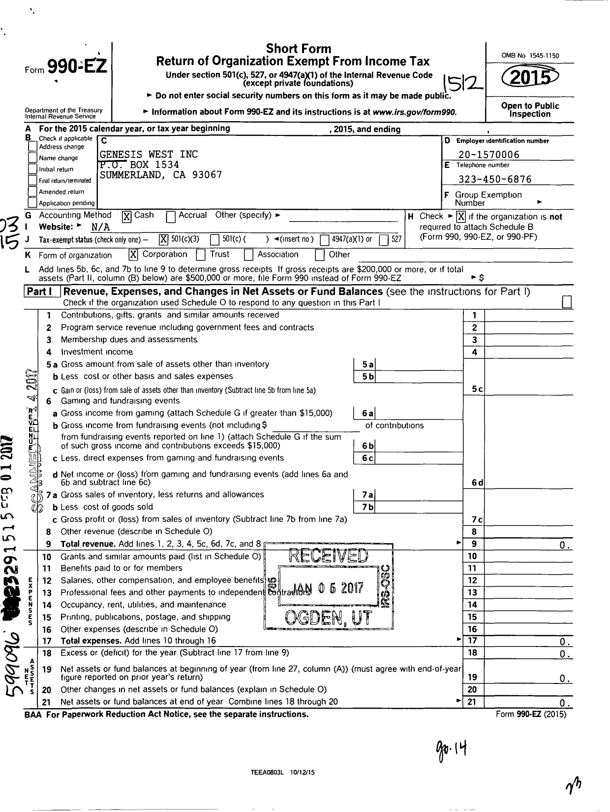 Image of first page of 2015 Form 990EZ for Genesis West