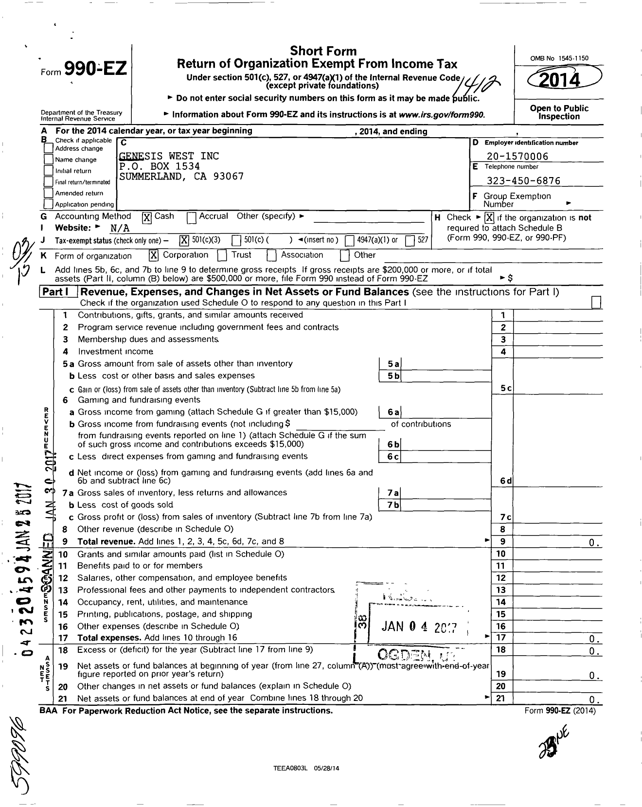 Image of first page of 2014 Form 990EZ for Genesis West