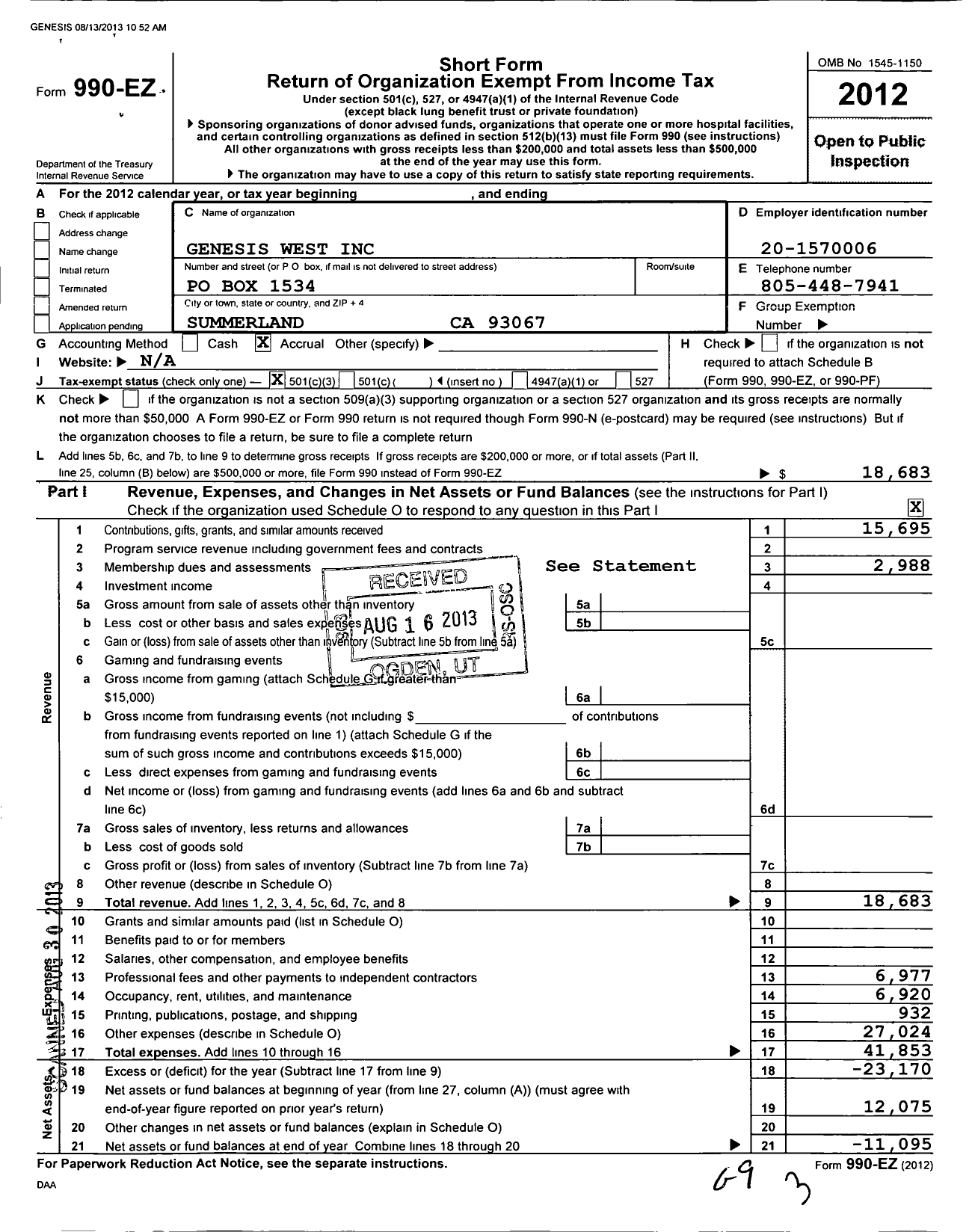 Image of first page of 2012 Form 990EZ for Genesis West