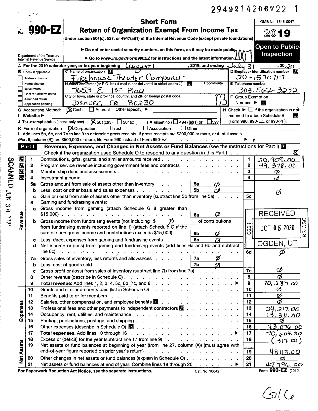 Image of first page of 2019 Form 990EZ for Firehouse Theater Company