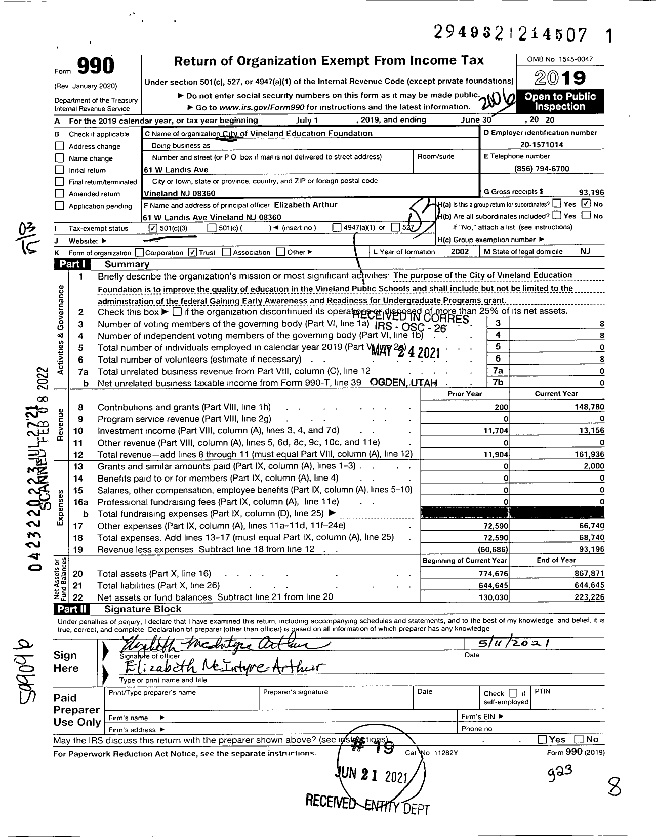 Image of first page of 2019 Form 990 for City of Vineland Education Foundation