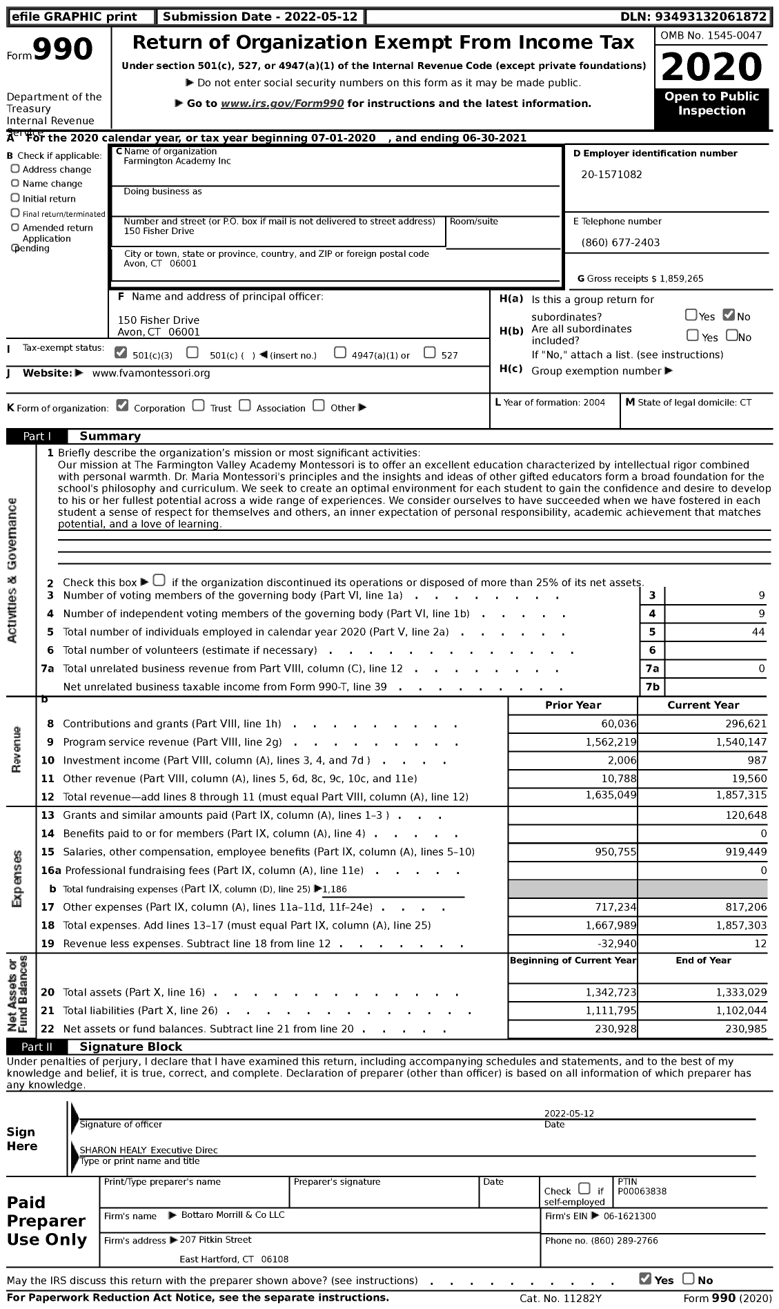Image of first page of 2020 Form 990 for Farmington Academy