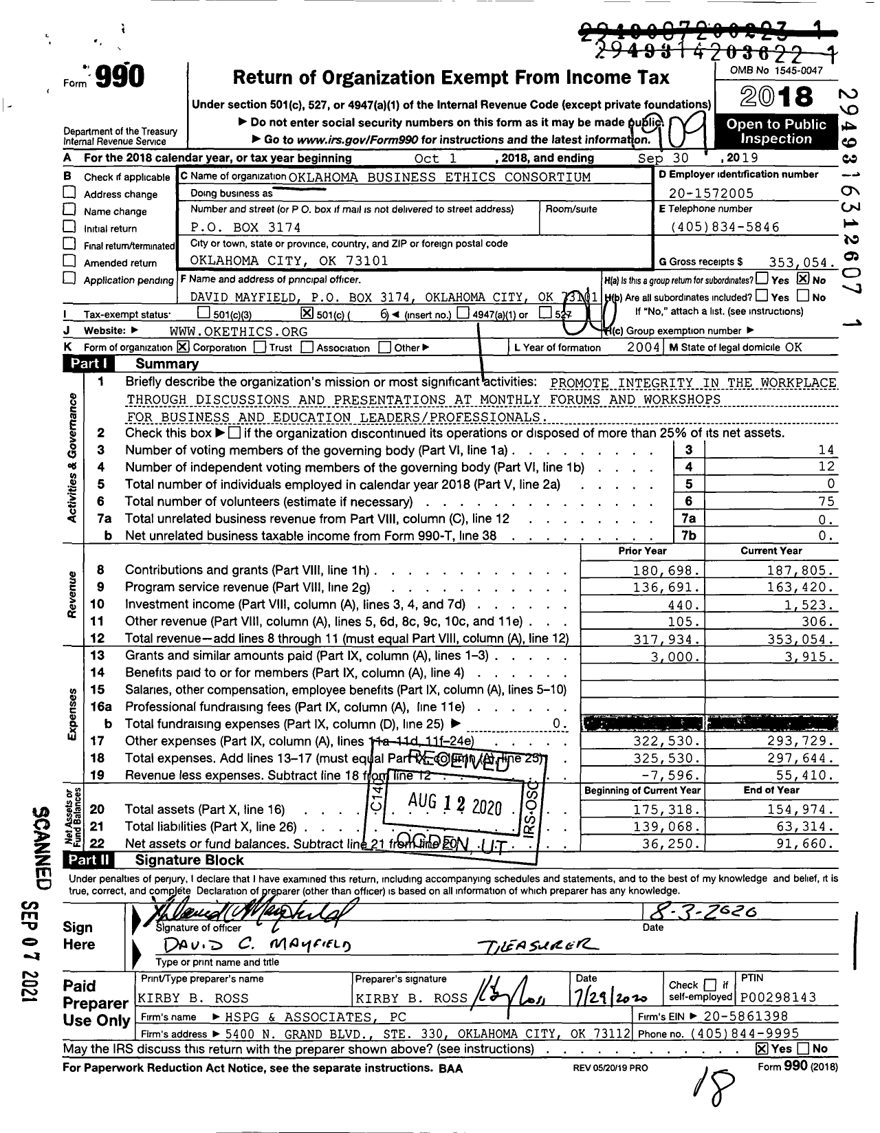 Image of first page of 2018 Form 990O for Oklahoma Business Ethics Consortium