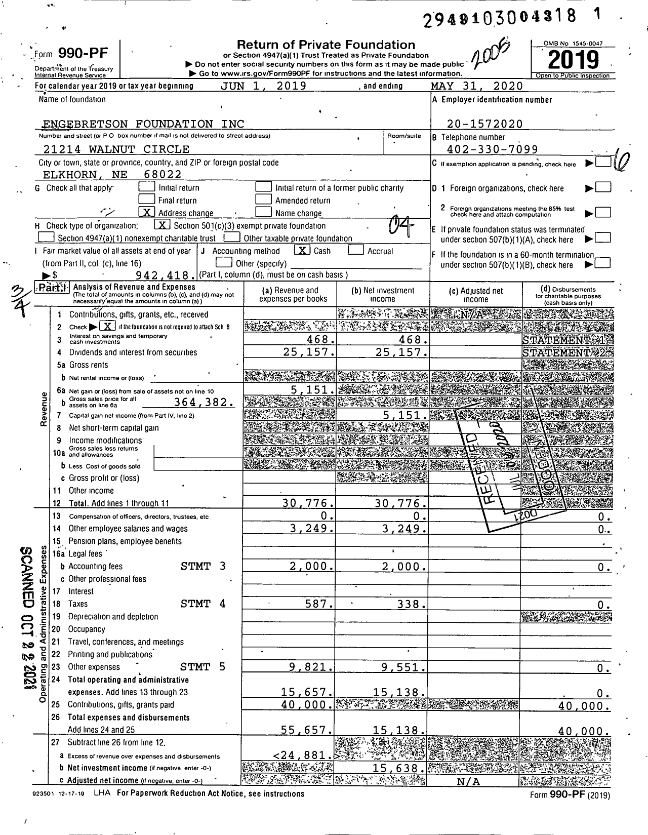Image of first page of 2019 Form 990PF for Engebretson Foundation