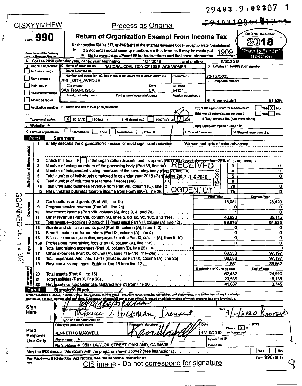 Image of first page of 2018 Form 990 for National Coalition of 100 Black Women