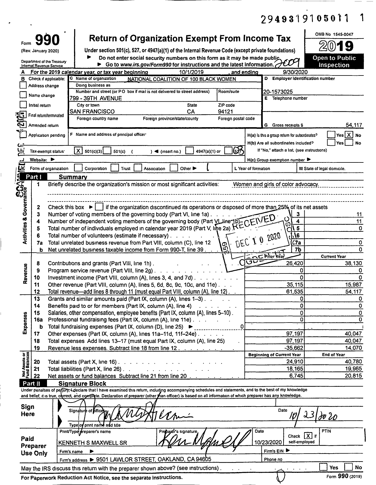 Image of first page of 2019 Form 990 for National Coalition of 100 Black Women