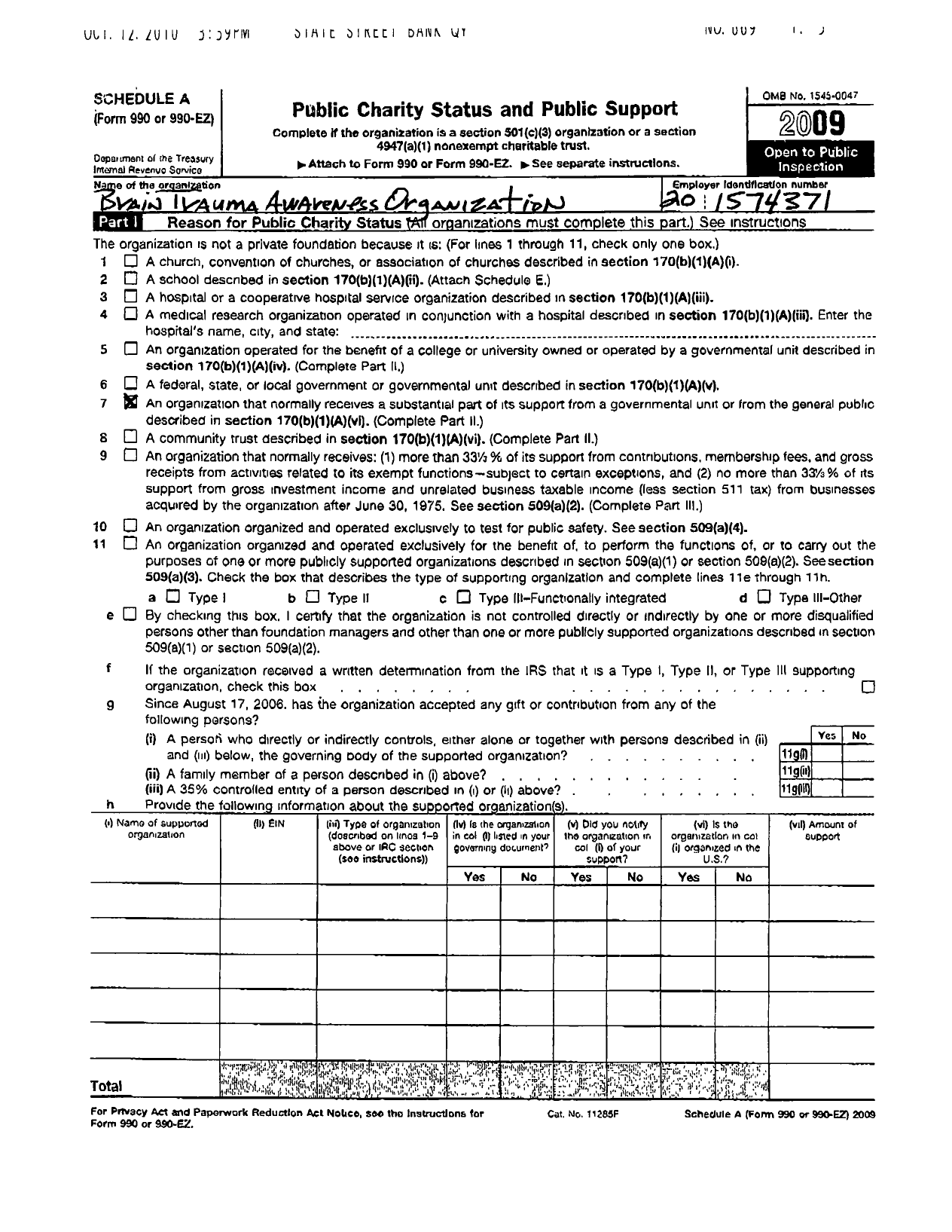 Image of first page of 2009 Form 990R for Brain Trauma Awareness Organization