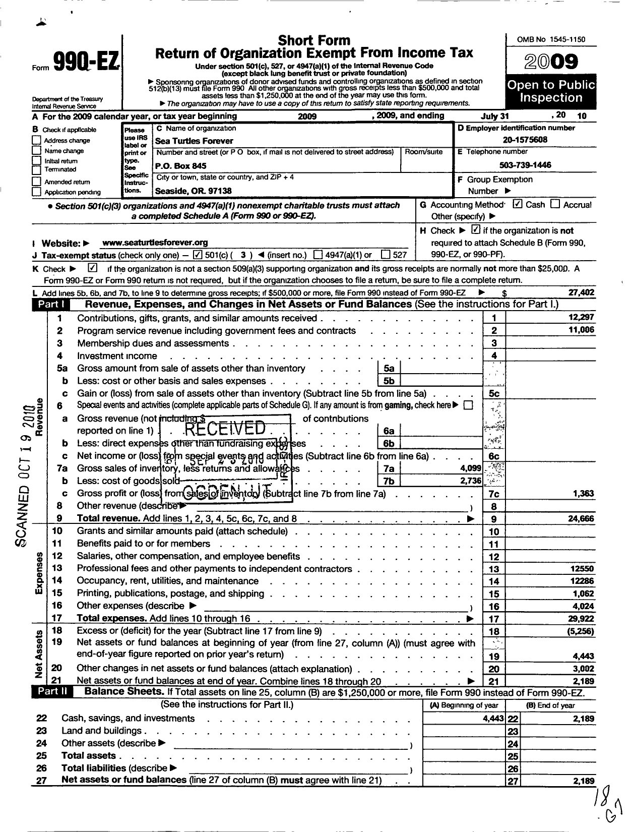 Image of first page of 2009 Form 990EZ for Sea Turtles Forever