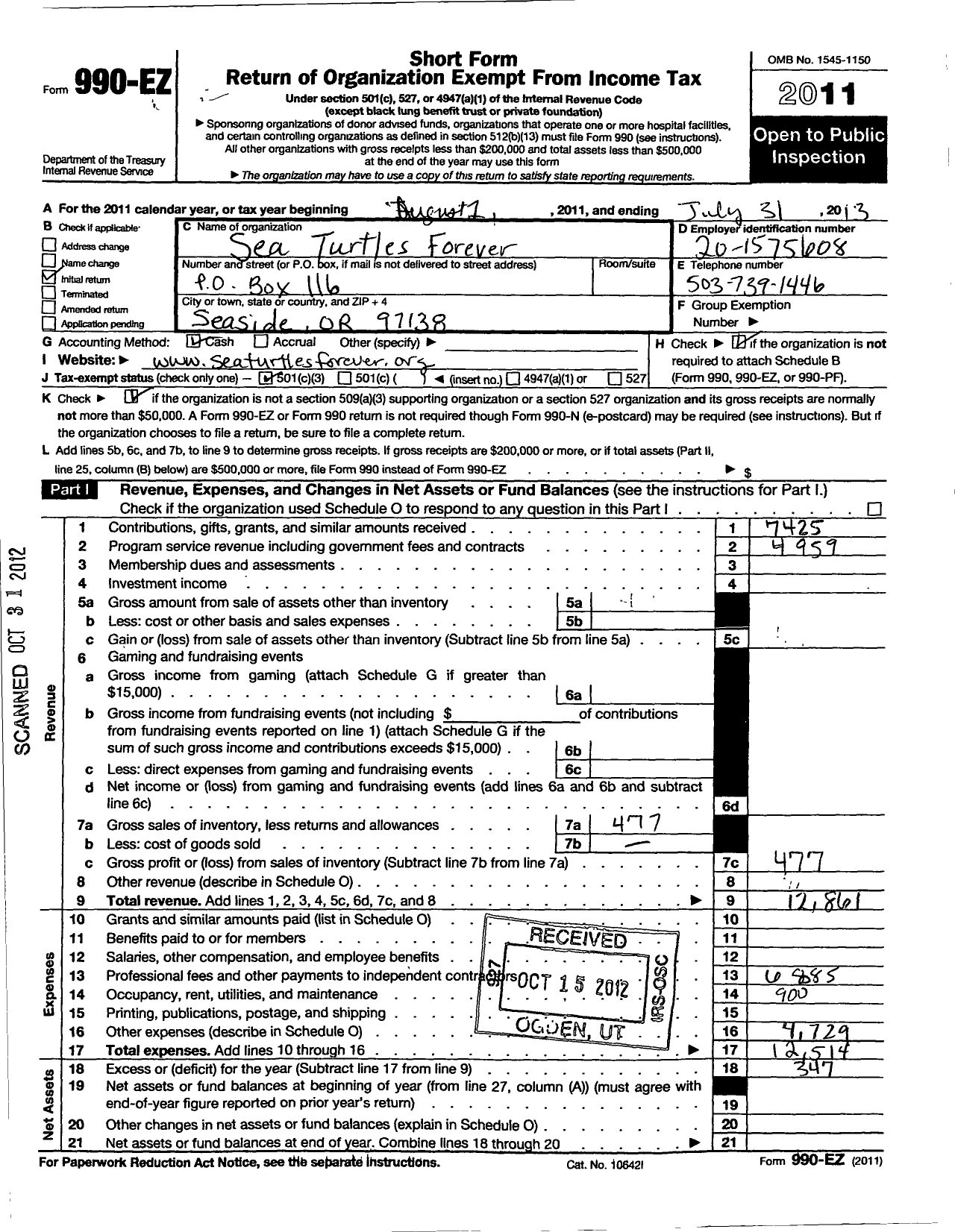 Image of first page of 2012 Form 990EZ for Sea Turtles Forever