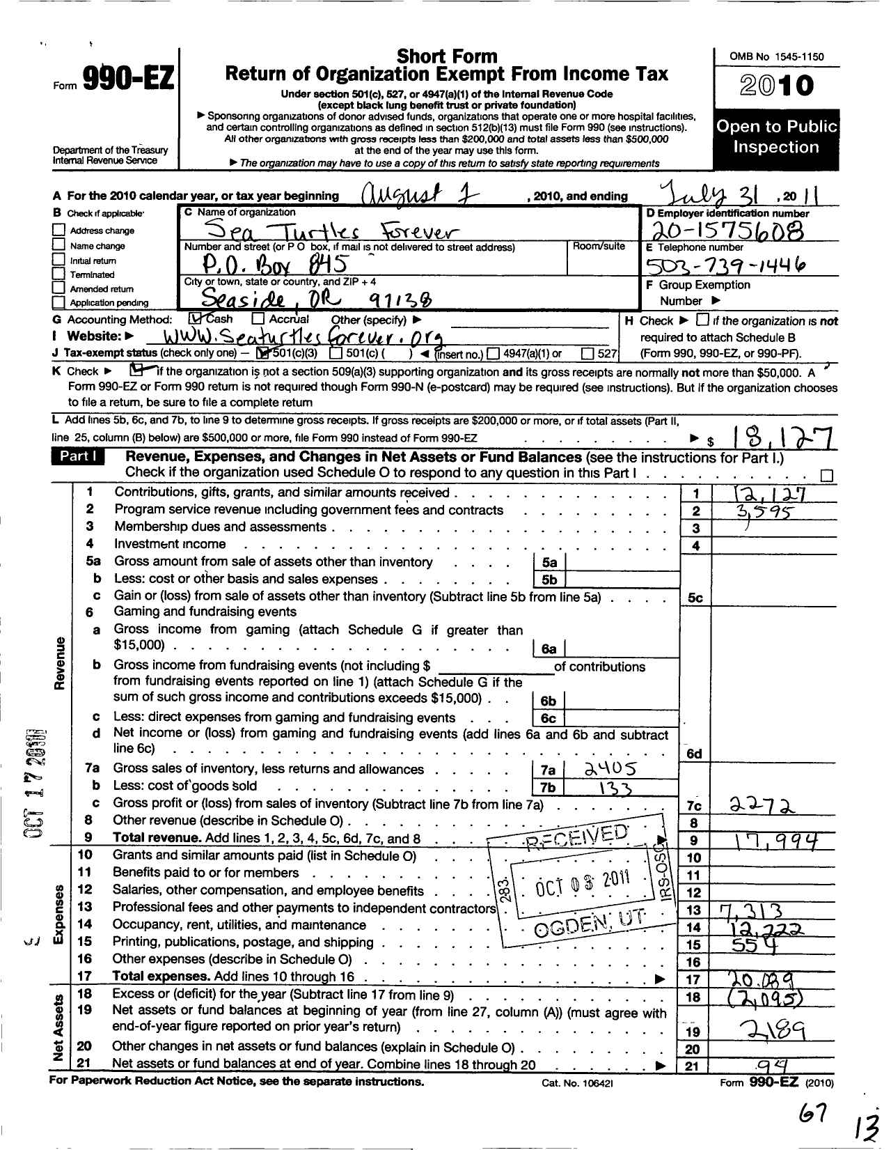 Image of first page of 2010 Form 990EZ for Sea Turtles Forever