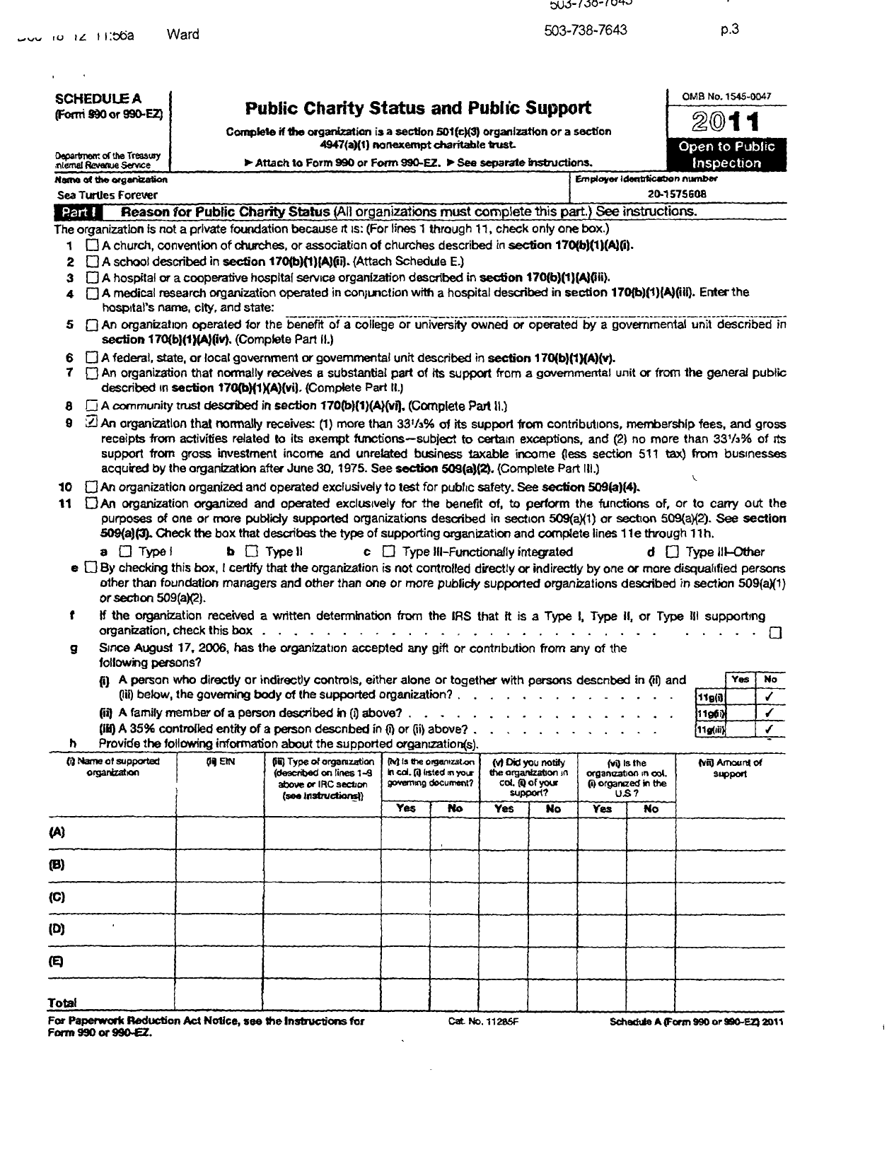 Image of first page of 2011 Form 990ER for Sea Turtles Forever