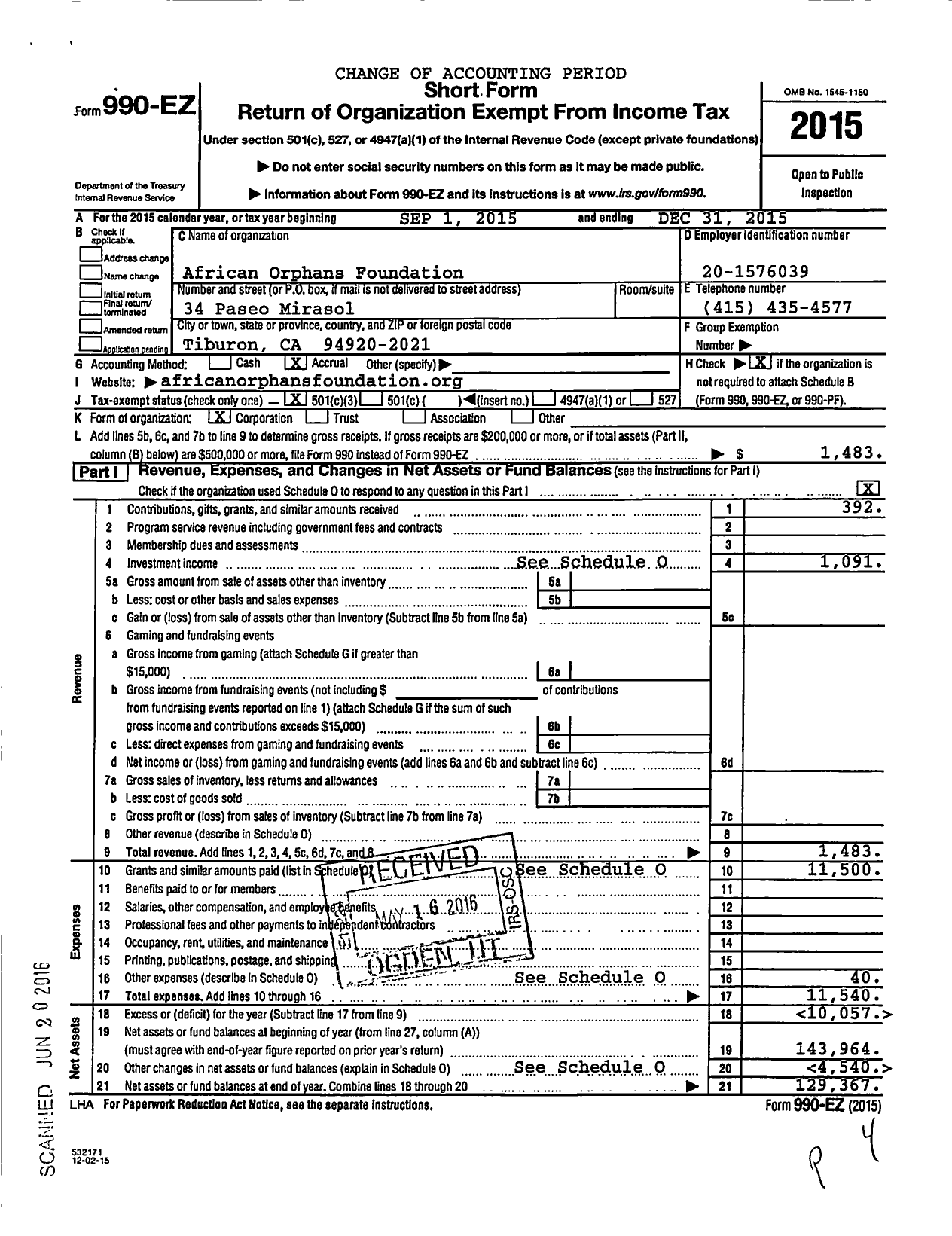 Image of first page of 2015 Form 990EZ for African Orphans Foundation